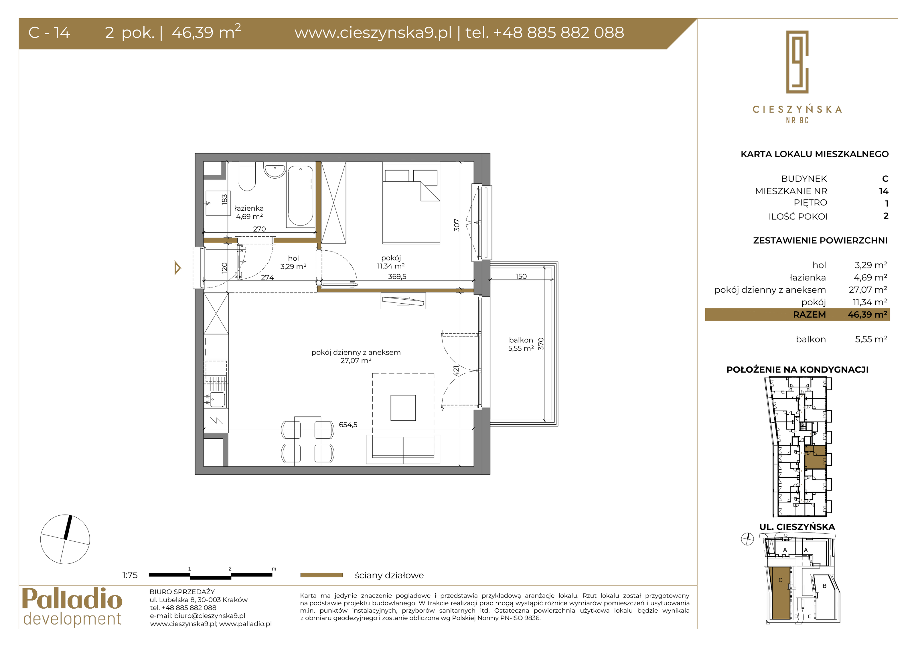 Apartament 46,39 m², piętro 1, oferta nr C-14, Cieszyńska 9, Kraków, Krowodrza, Łobzów, ul. Cieszyńska 9-idx