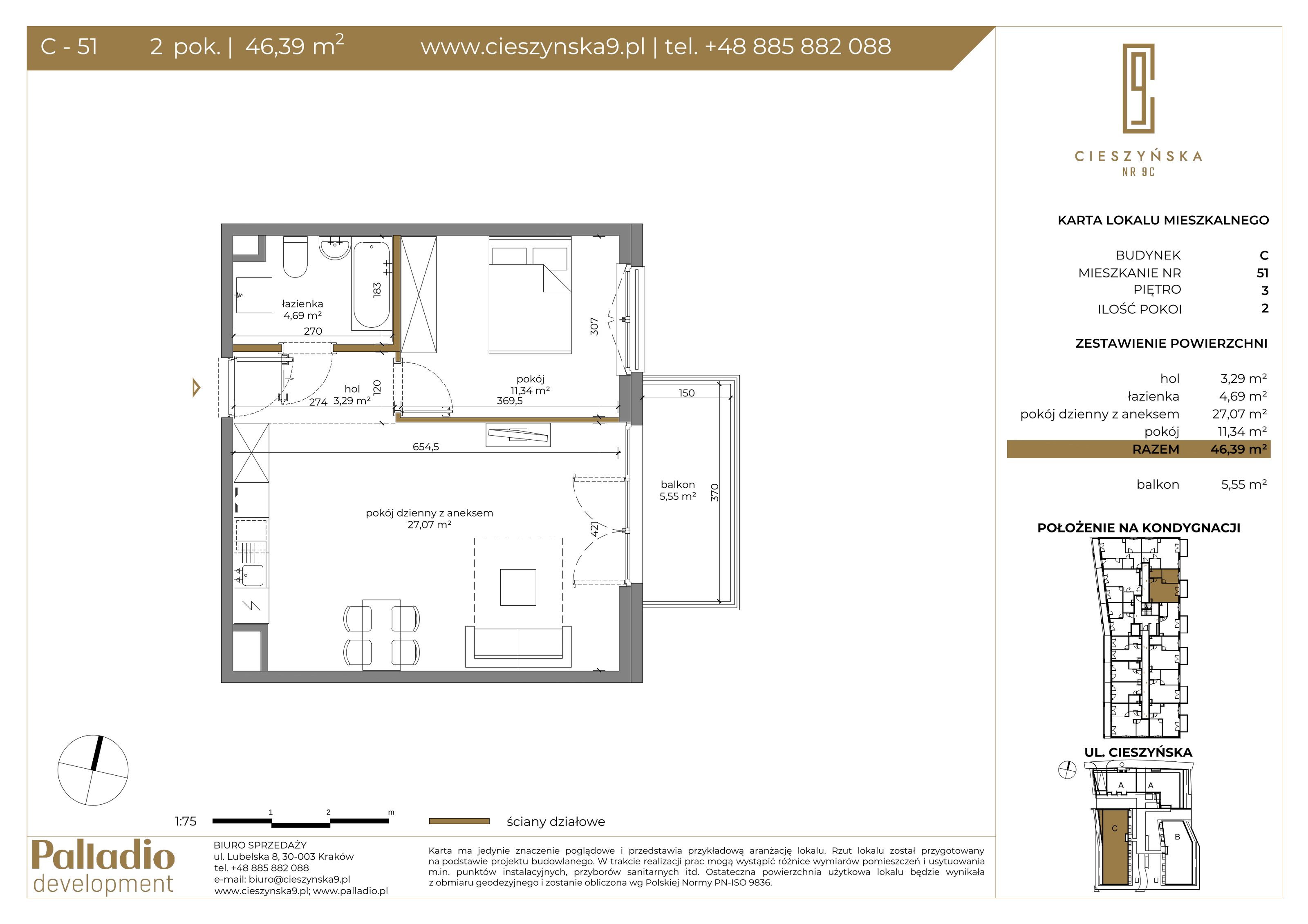 Apartament 46,39 m², piętro 3, oferta nr C-51, Cieszyńska 9, Kraków, Krowodrza, Łobzów, ul. Cieszyńska 9-idx