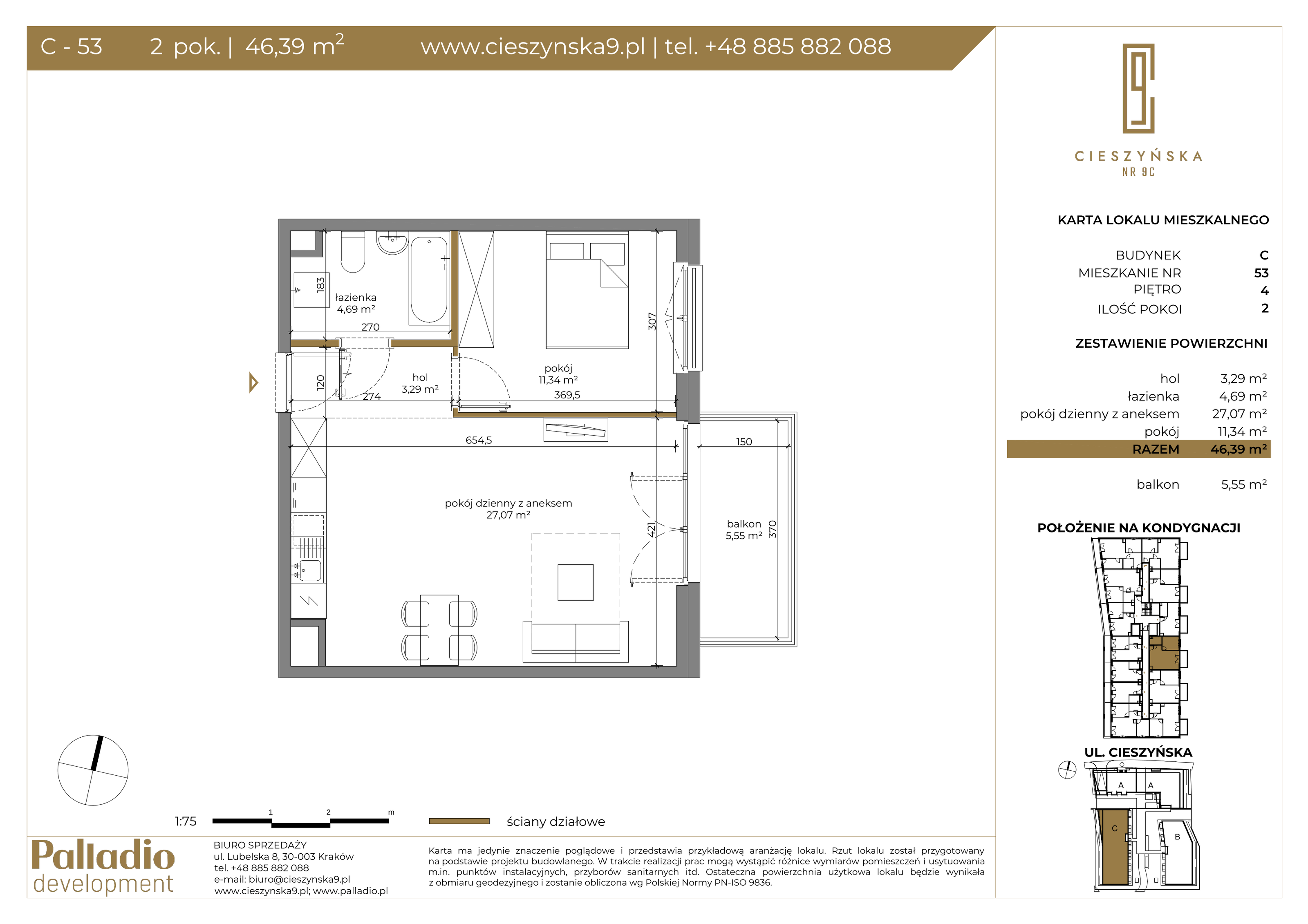 Mieszkanie 46,39 m², piętro 4, oferta nr C-53, Cieszyńska 9, Kraków, Krowodrza, Łobzów, ul. Cieszyńska 9-idx