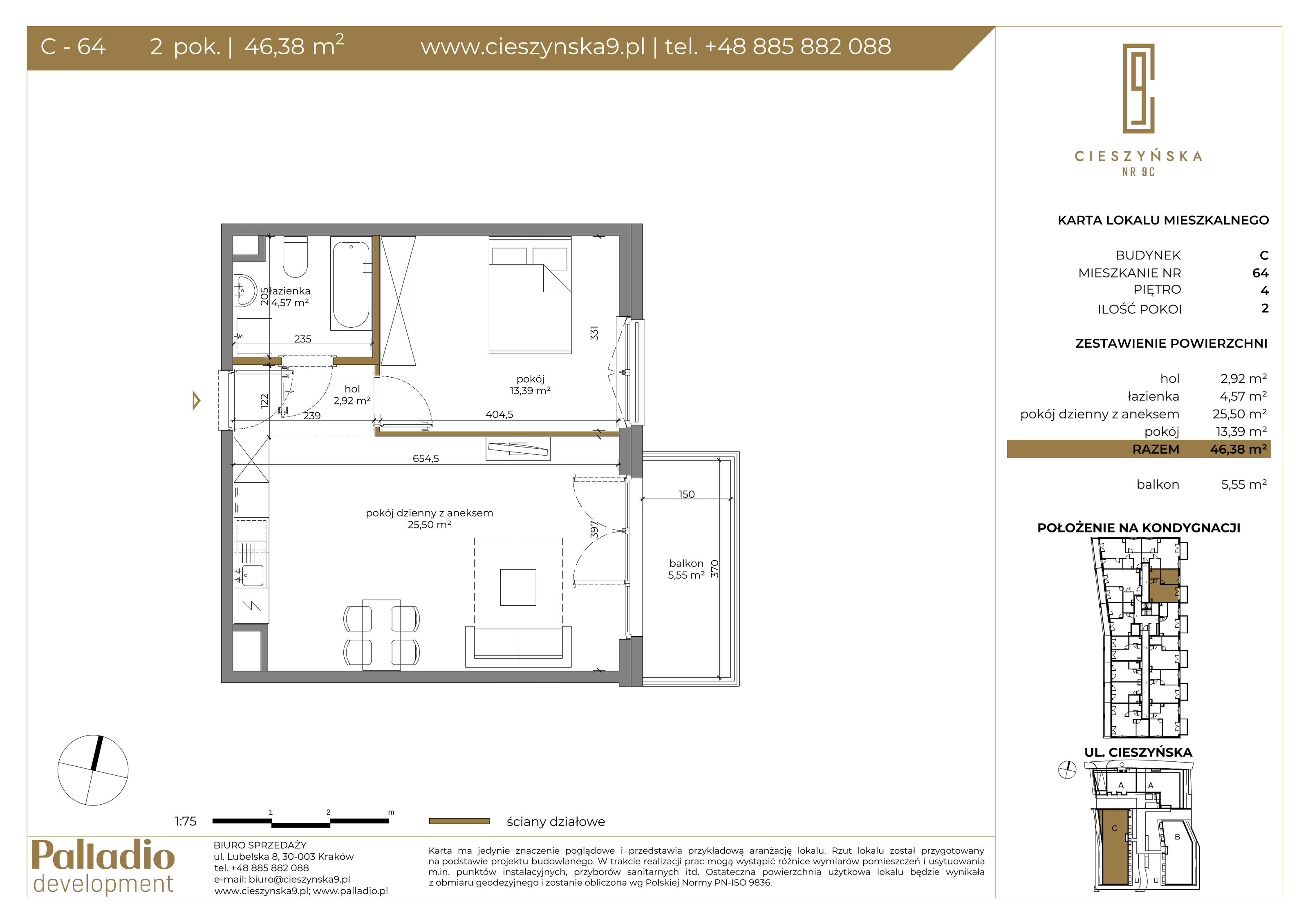 Apartament 46,38 m², piętro 4, oferta nr C-64, Cieszyńska 9, Kraków, Krowodrza, Łobzów, ul. Cieszyńska 9-idx