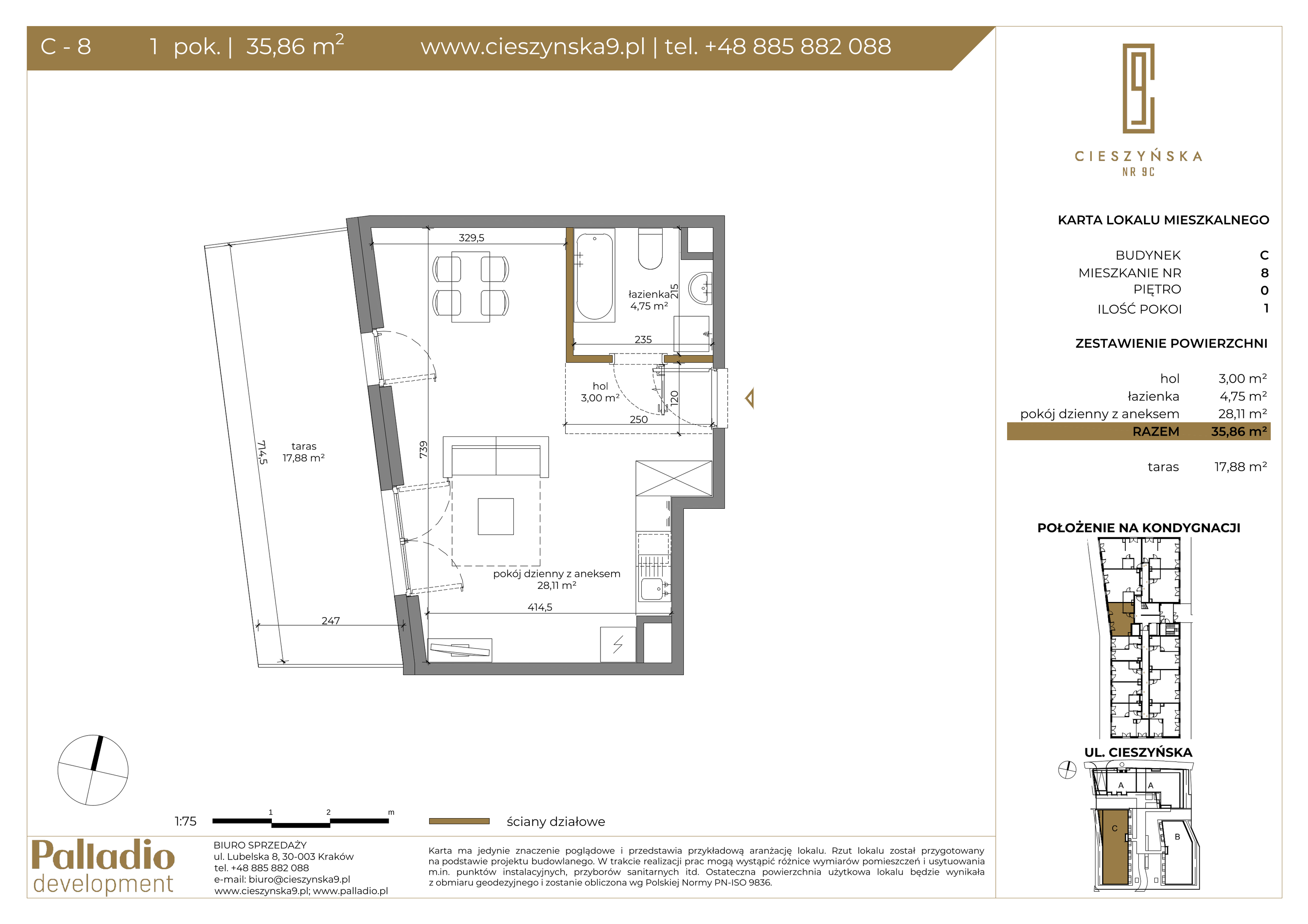 Mieszkanie 35,86 m², parter, oferta nr C-8, Cieszyńska 9, Kraków, Krowodrza, Łobzów, ul. Cieszyńska 9-idx