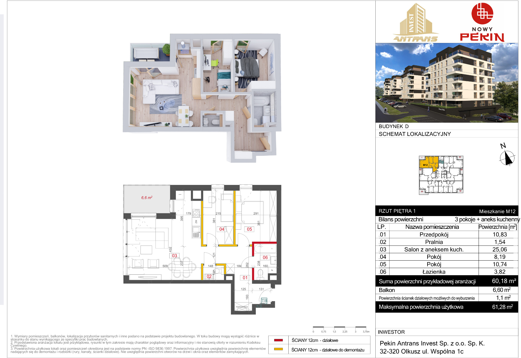 Mieszkanie 60,18 m², piętro 1, oferta nr D/12, Nowy Pekin, Sosnowiec, Klimontów, ul. Koszalińska-idx