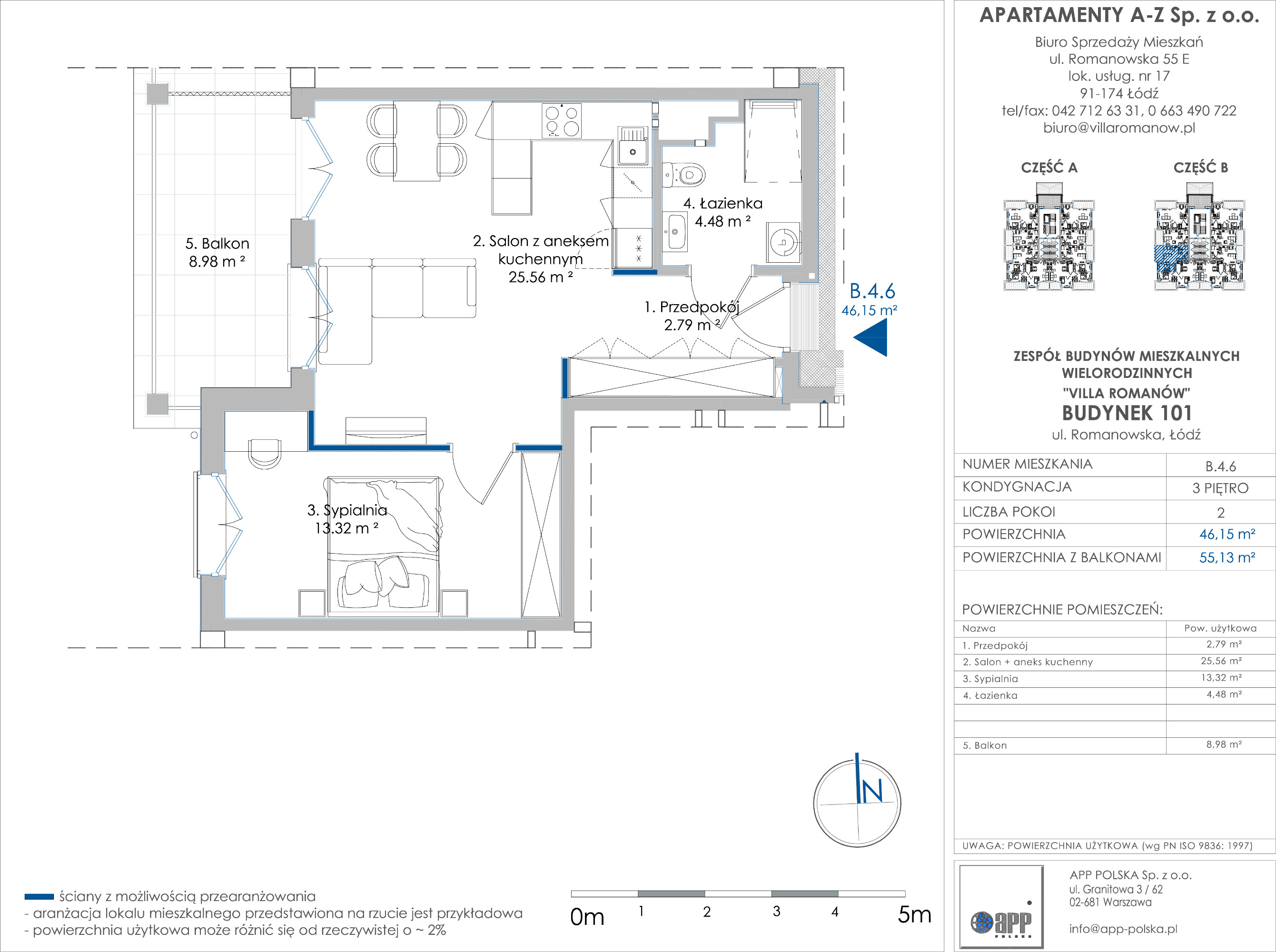 Mieszkanie 46,15 m², piętro 3, oferta nr B.4.6, Villa Romanów - Etap III, Łódź, Bałuty, Bałuty Zachodnie, ul. Romanowska-idx