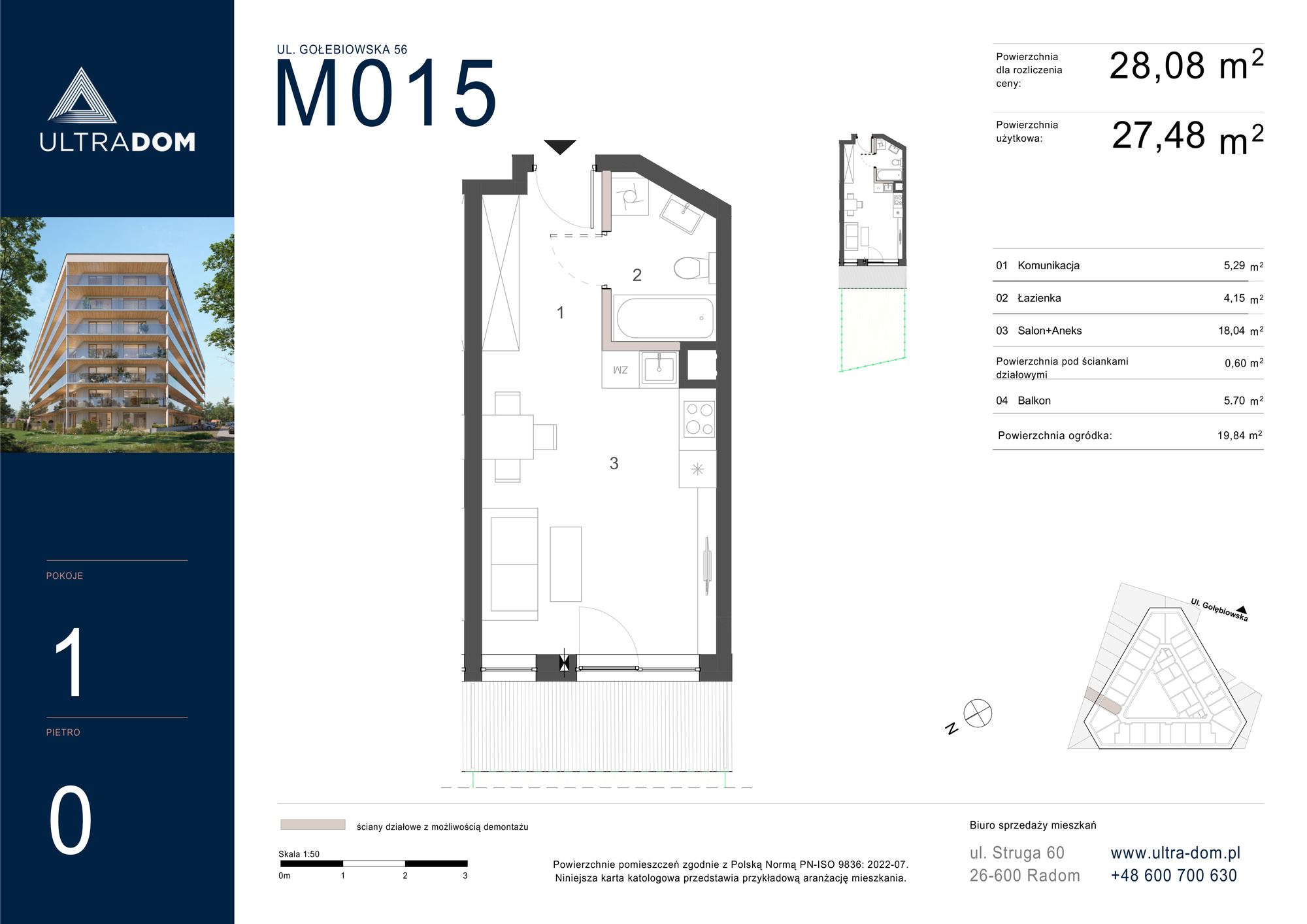 Mieszkanie 28,08 m², parter, oferta nr M015, ULTRADOM, Radom, Gołębiów, ul. Gołębiowska-idx