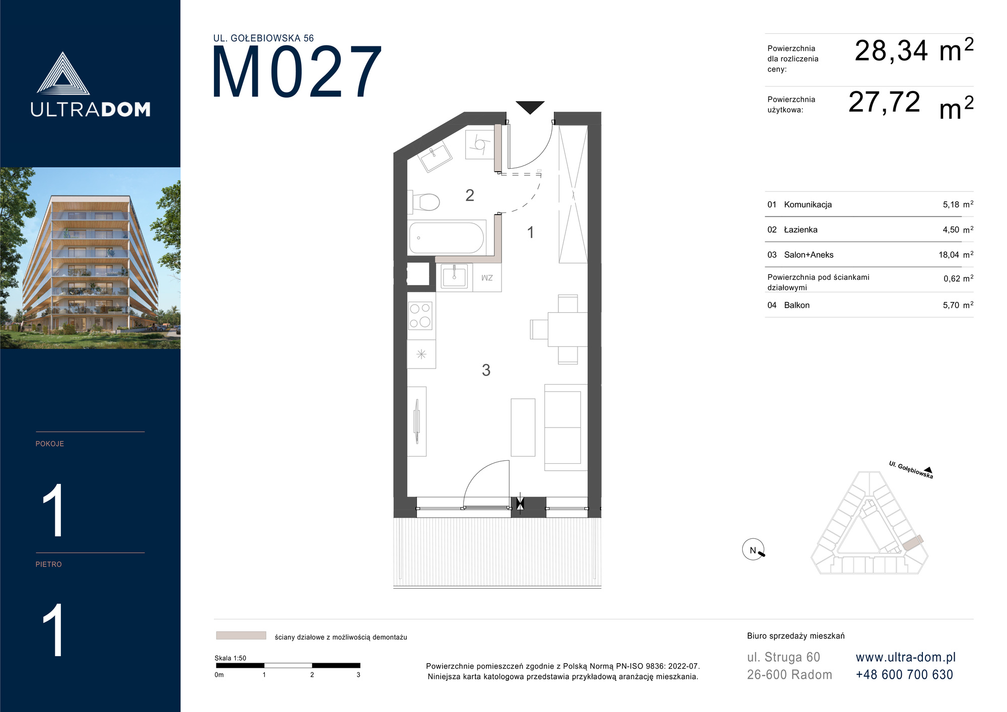 Mieszkanie 28,34 m², piętro 1, oferta nr M027, ULTRADOM, Radom, Gołębiów, ul. Gołębiowska-idx