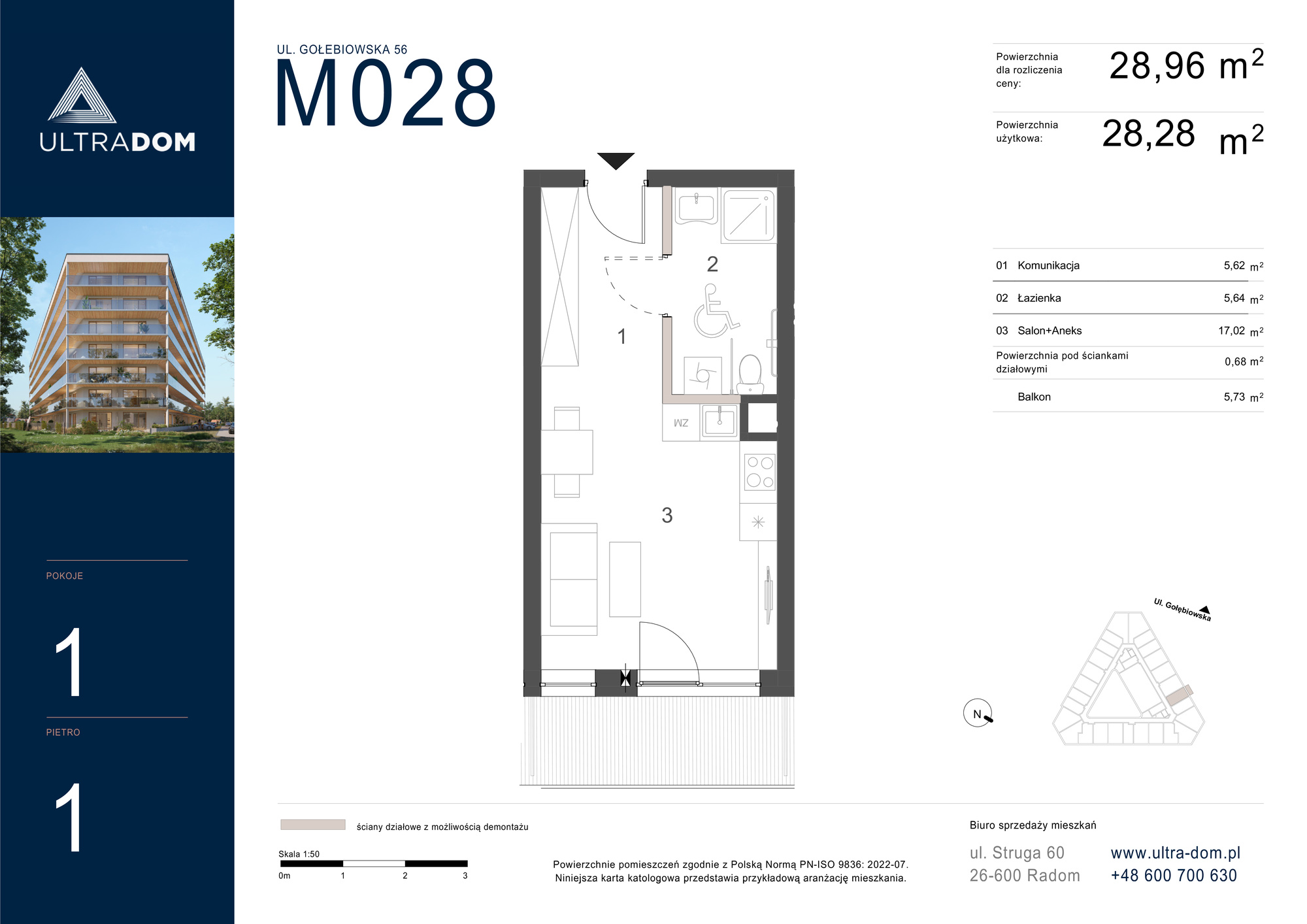 Mieszkanie 28,96 m², piętro 1, oferta nr M028, ULTRADOM, Radom, Gołębiów, ul. Gołębiowska-idx