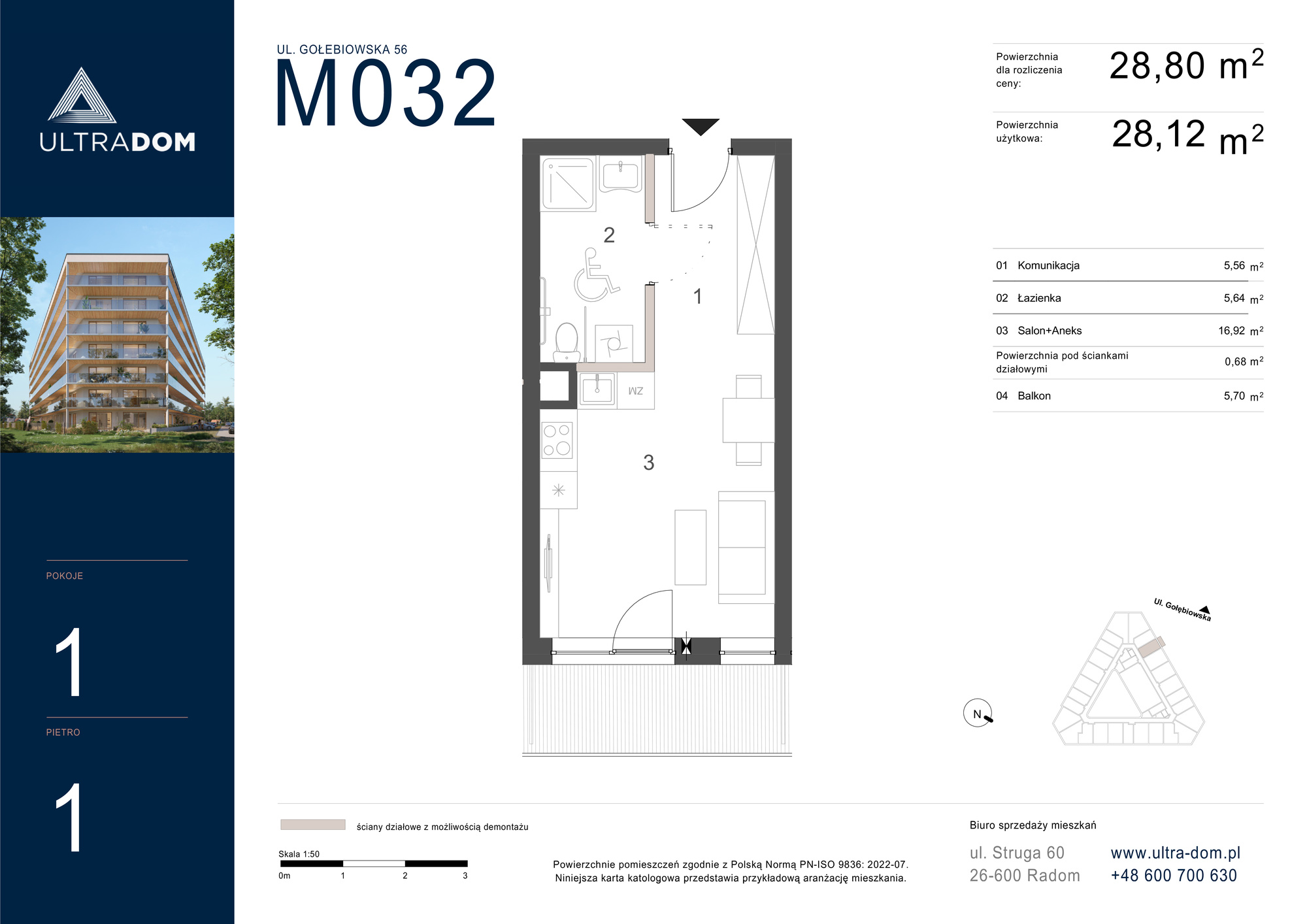 Mieszkanie 28,80 m², piętro 1, oferta nr M032, ULTRADOM, Radom, Gołębiów, ul. Gołębiowska-idx