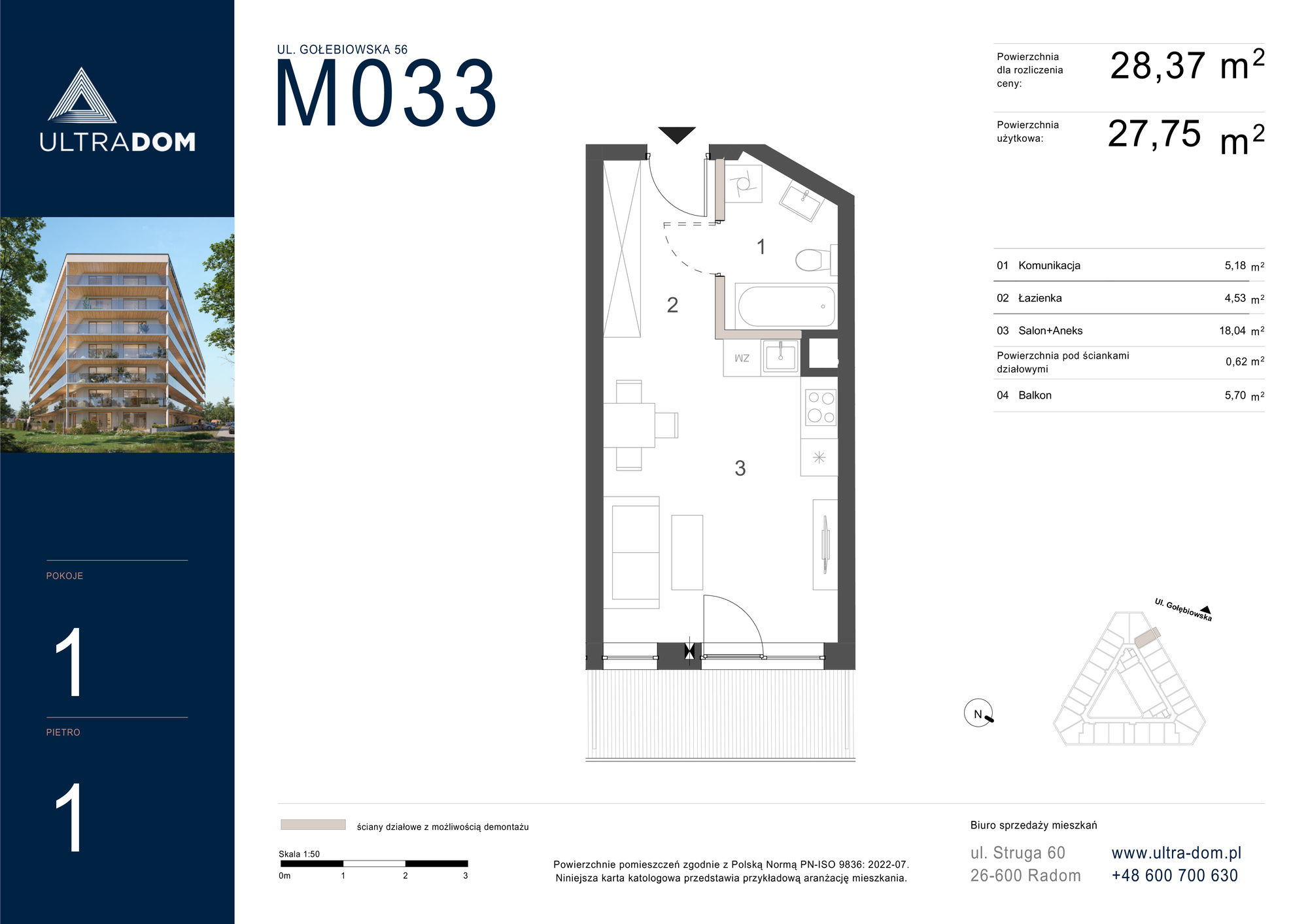 Mieszkanie 28,37 m², piętro 1, oferta nr M033, ULTRADOM, Radom, Gołębiów, ul. Gołębiowska-idx