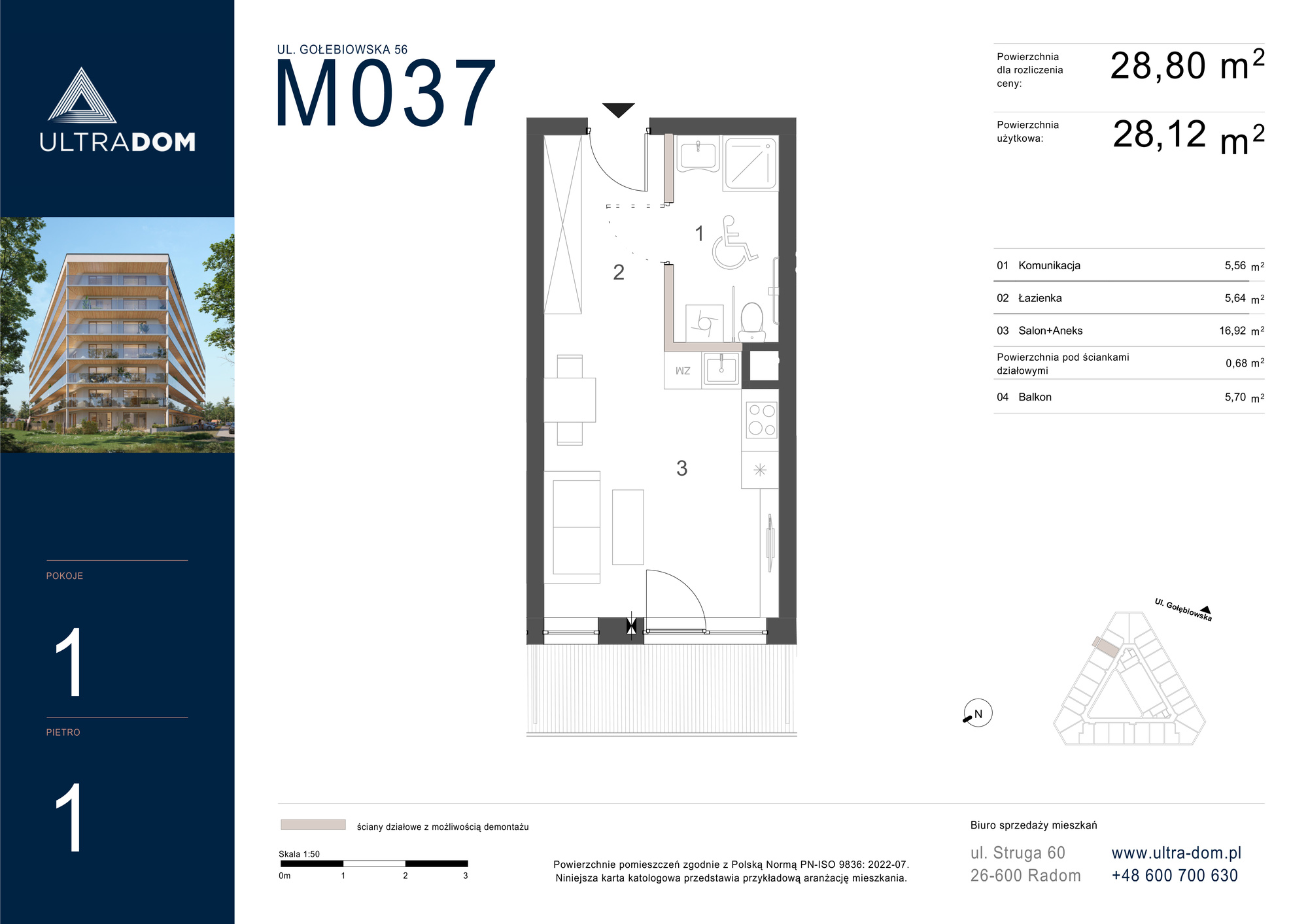 Mieszkanie 28,80 m², piętro 1, oferta nr M037, ULTRADOM, Radom, Gołębiów, ul. Gołębiowska-idx