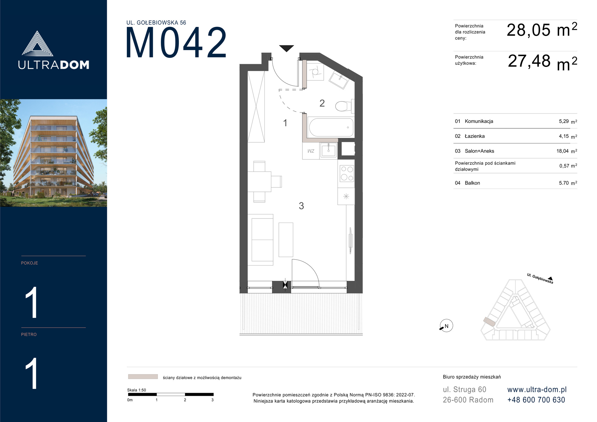 Mieszkanie 28,05 m², piętro 1, oferta nr M042, ULTRADOM, Radom, Gołębiów, ul. Gołębiowska-idx