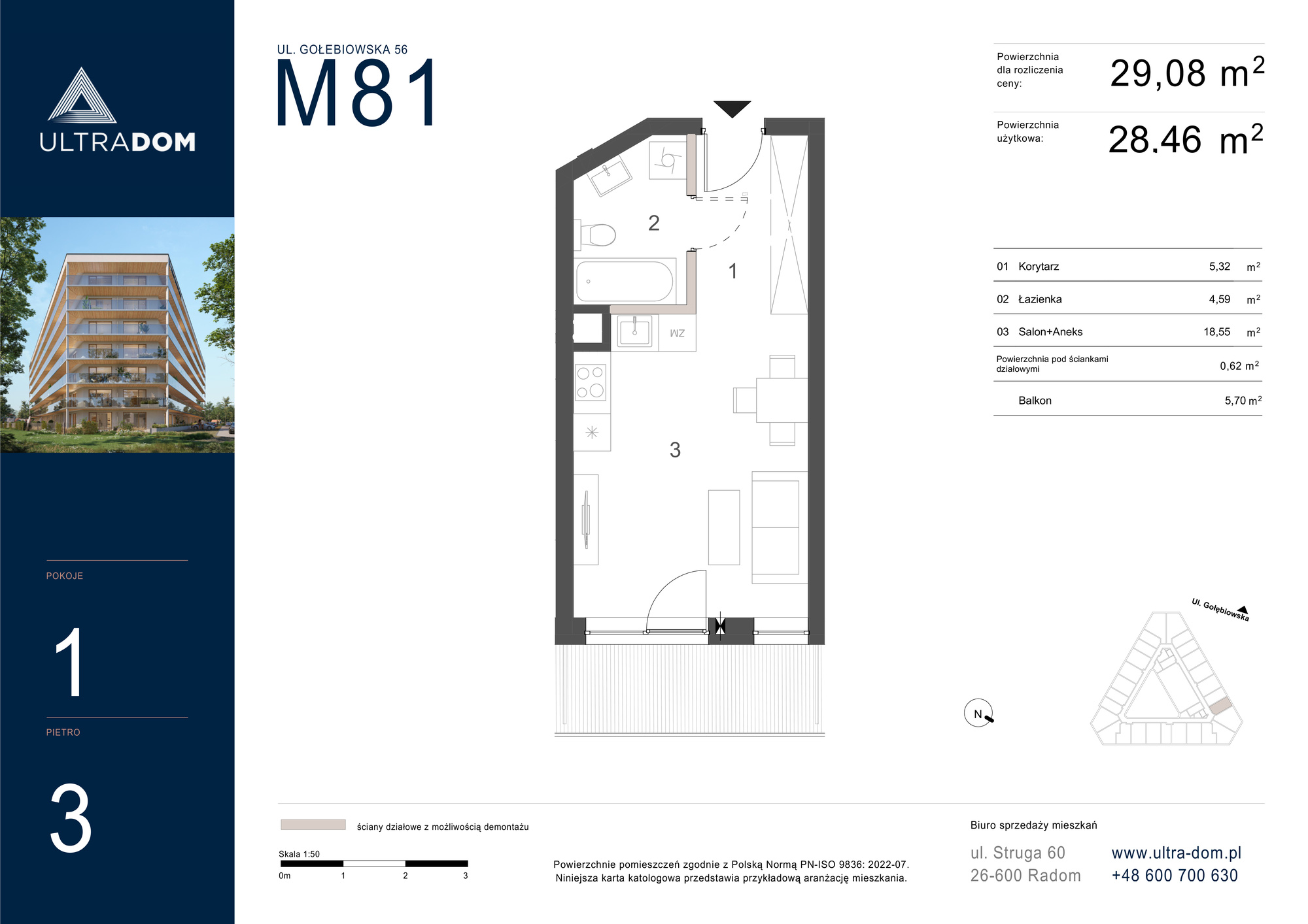 Mieszkanie 29,08 m², piętro 3, oferta nr M081, ULTRADOM, Radom, Gołębiów, ul. Gołębiowska-idx