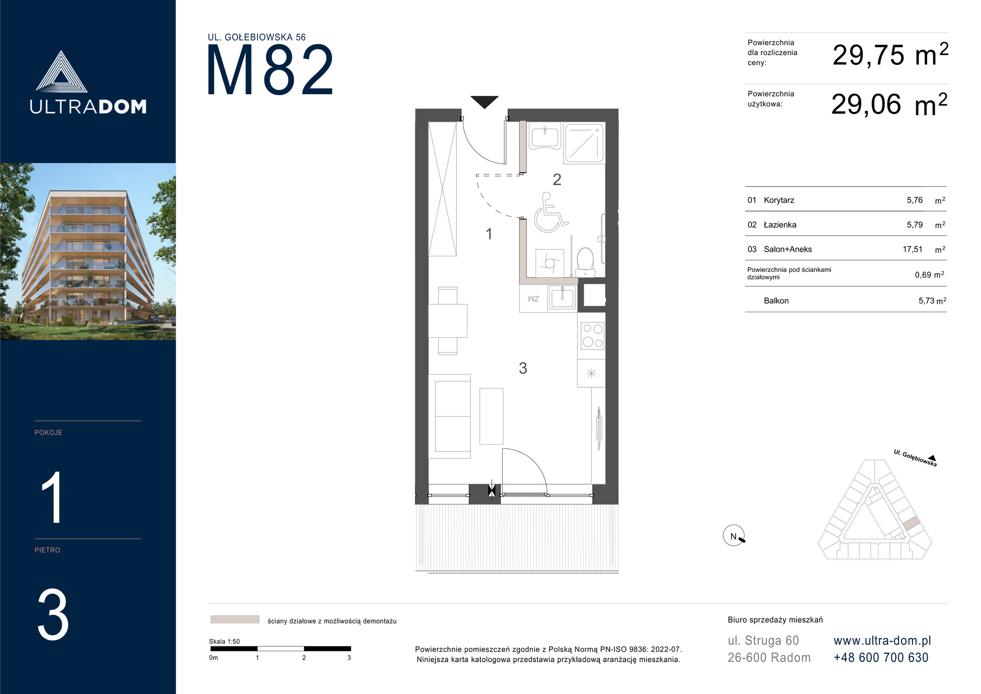 Mieszkanie 29,75 m², piętro 3, oferta nr M082, ULTRADOM, Radom, Gołębiów, ul. Gołębiowska-idx