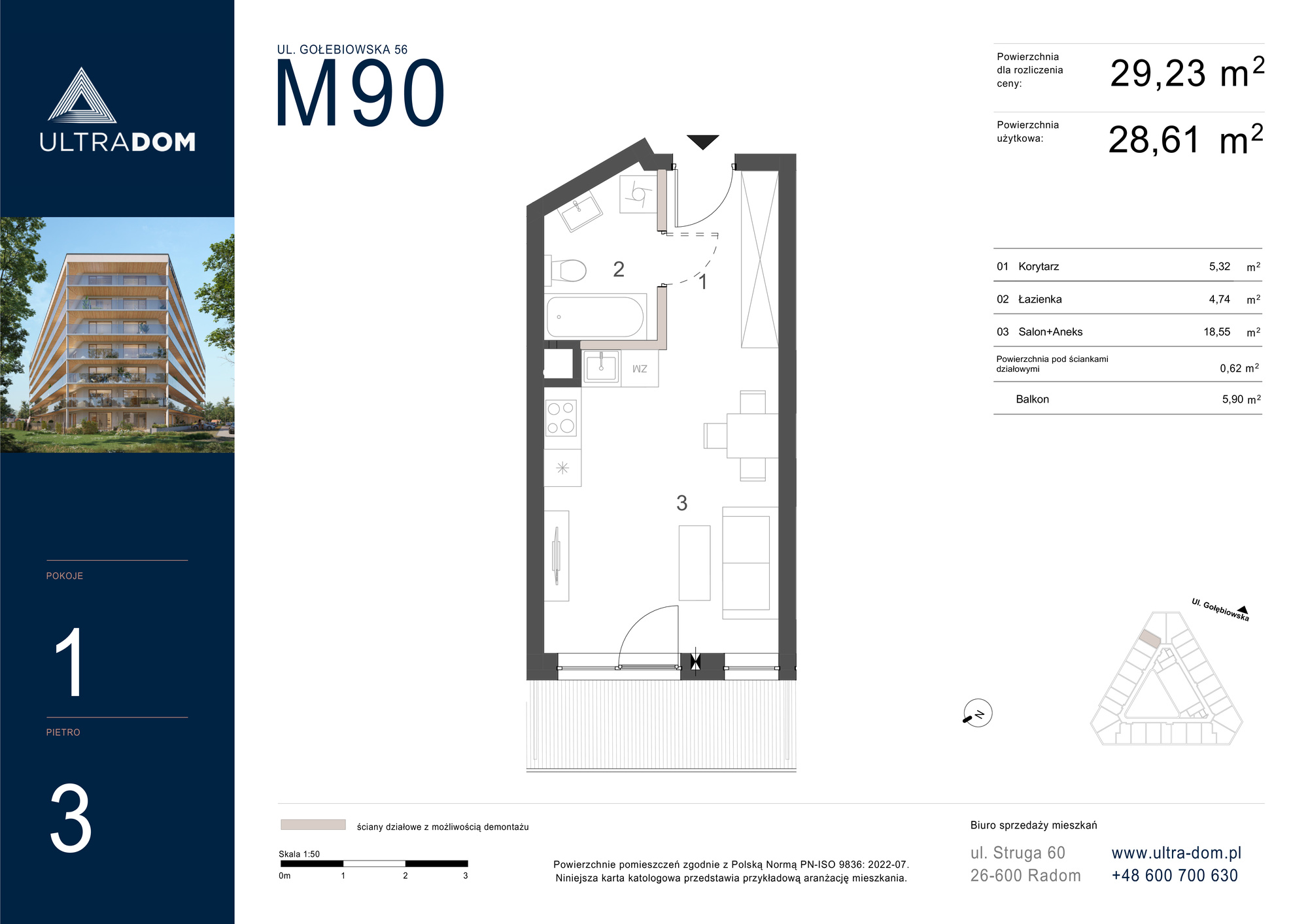 Mieszkanie 29,23 m², piętro 3, oferta nr M090, ULTRADOM, Radom, Gołębiów, ul. Gołębiowska-idx