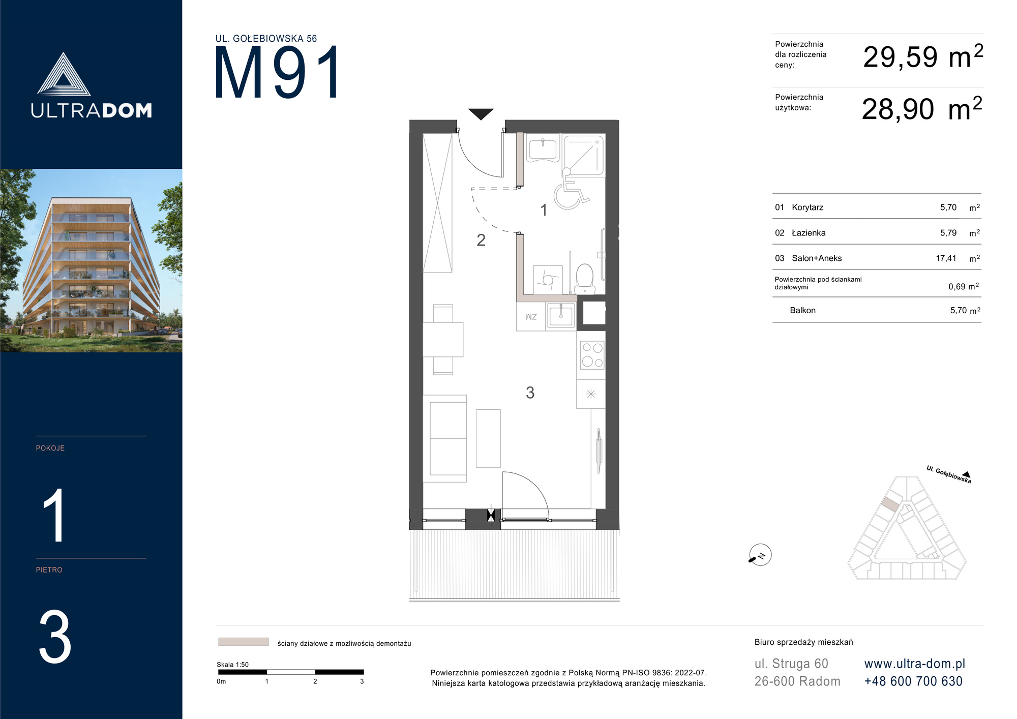 Mieszkanie 29,59 m², piętro 3, oferta nr M091, ULTRADOM, Radom, Gołębiów, ul. Gołębiowska-idx