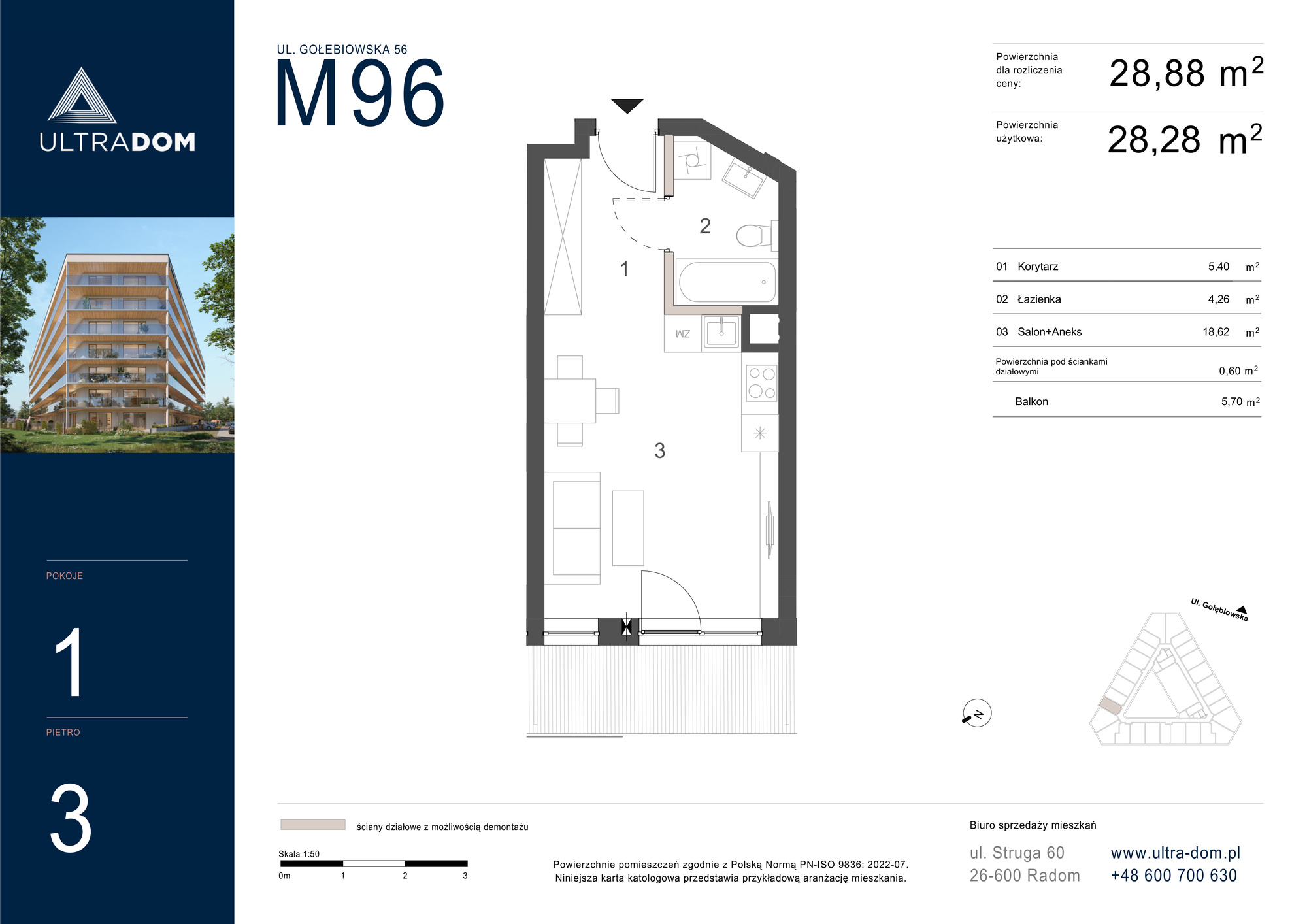 Mieszkanie 28,88 m², piętro 3, oferta nr M096, ULTRADOM, Radom, Gołębiów, ul. Gołębiowska-idx