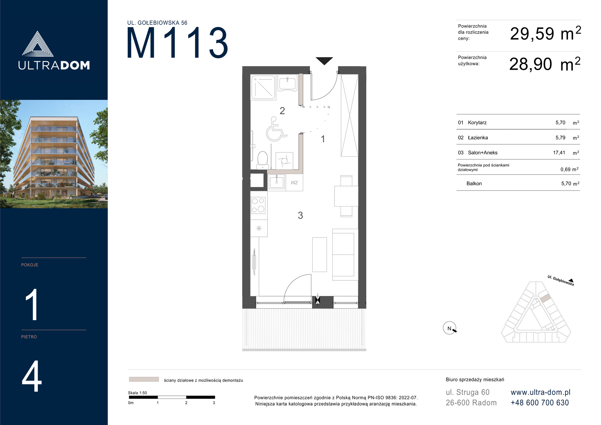 Mieszkanie 29,59 m², piętro 4, oferta nr M113, ULTRADOM, Radom, Gołębiów, ul. Gołębiowska-idx