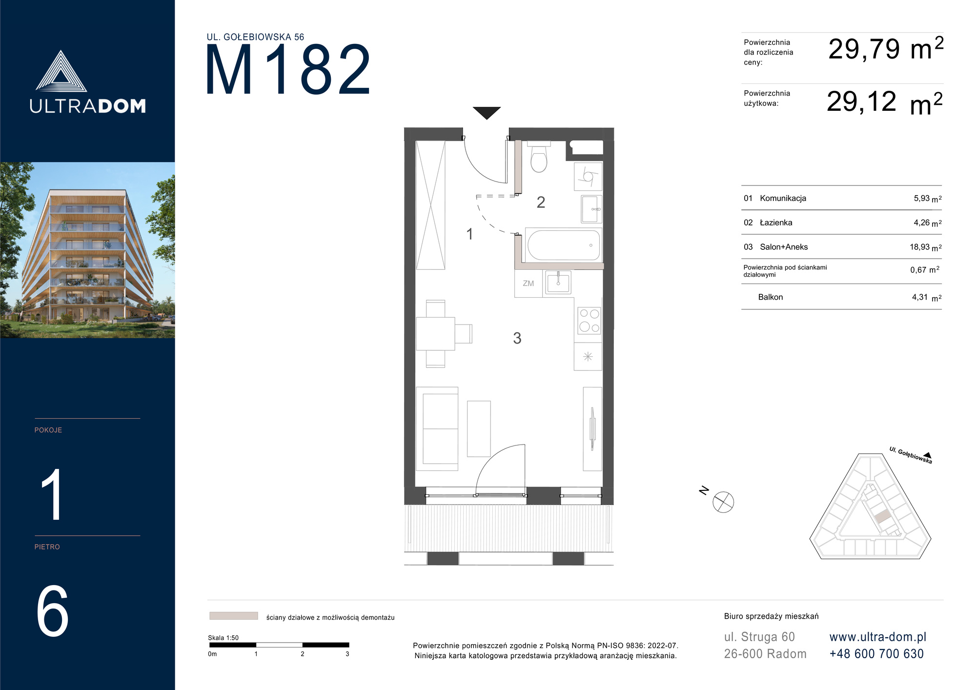 Mieszkanie 29,79 m², piętro 6, oferta nr M182, ULTRADOM, Radom, Gołębiów, ul. Gołębiowska-idx