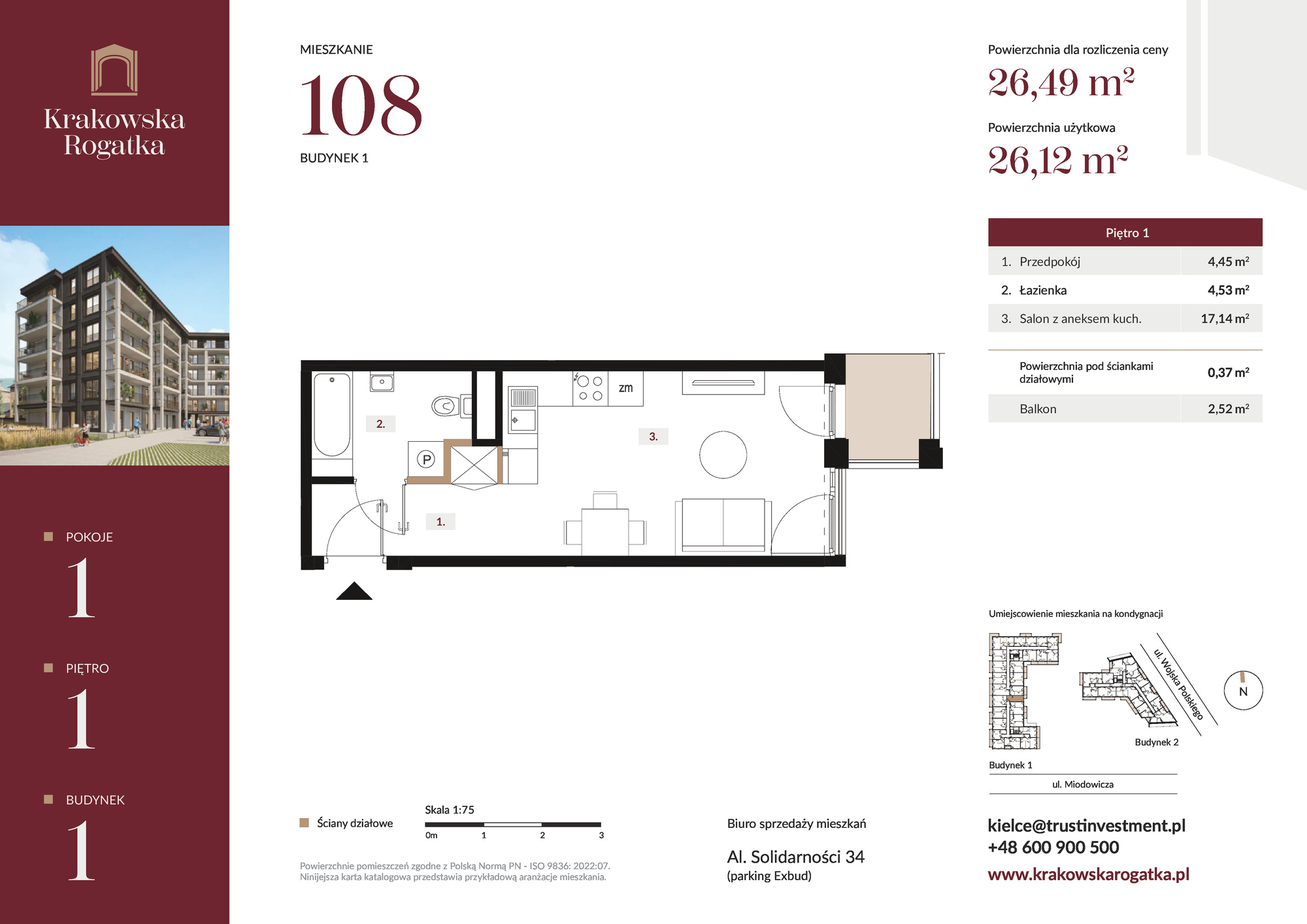 Mieszkanie 26,49 m², piętro 1, oferta nr Budynek 1 Mieszkanie 108, Krakowska Rogatka, Kielce, Centrum, ul. Miodowicza 1-idx