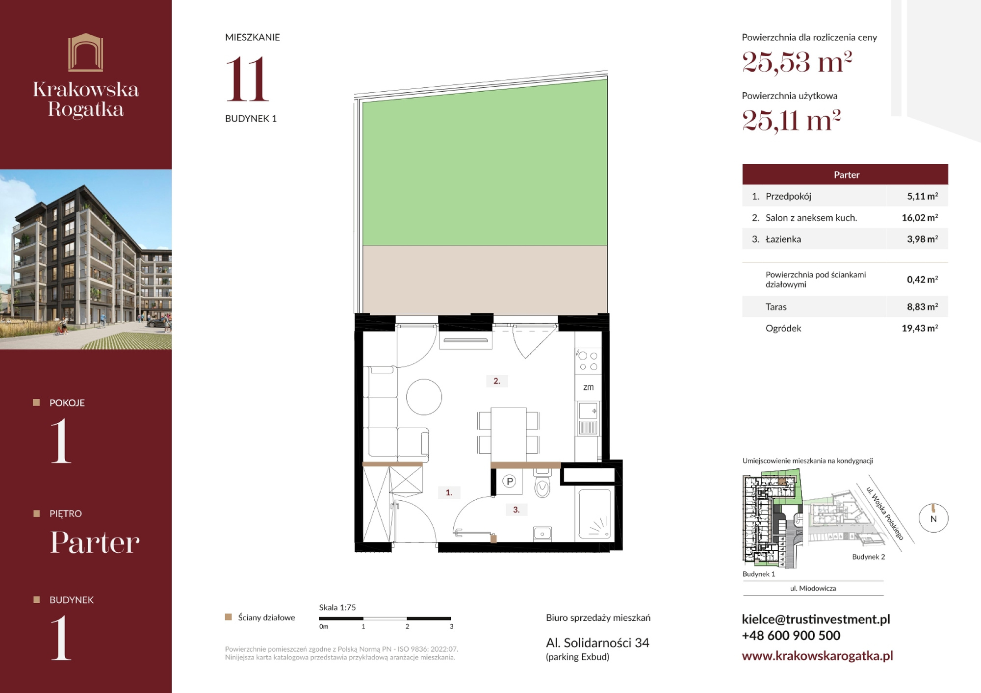 Mieszkanie 25,53 m², parter, oferta nr Budynek 1 Mieszkanie 11, Krakowska Rogatka, Kielce, Centrum, ul. Miodowicza 1-idx