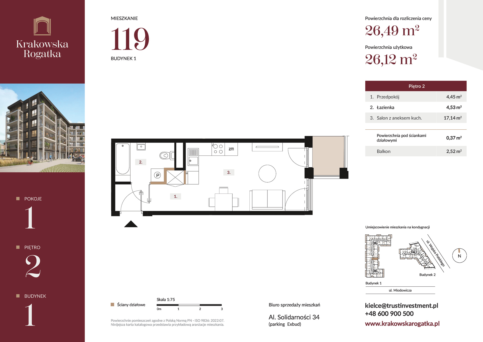 Mieszkanie 26,49 m², piętro 2, oferta nr Budynek 1 Mieszkanie 119, Krakowska Rogatka, Kielce, Centrum, ul. Miodowicza 1-idx