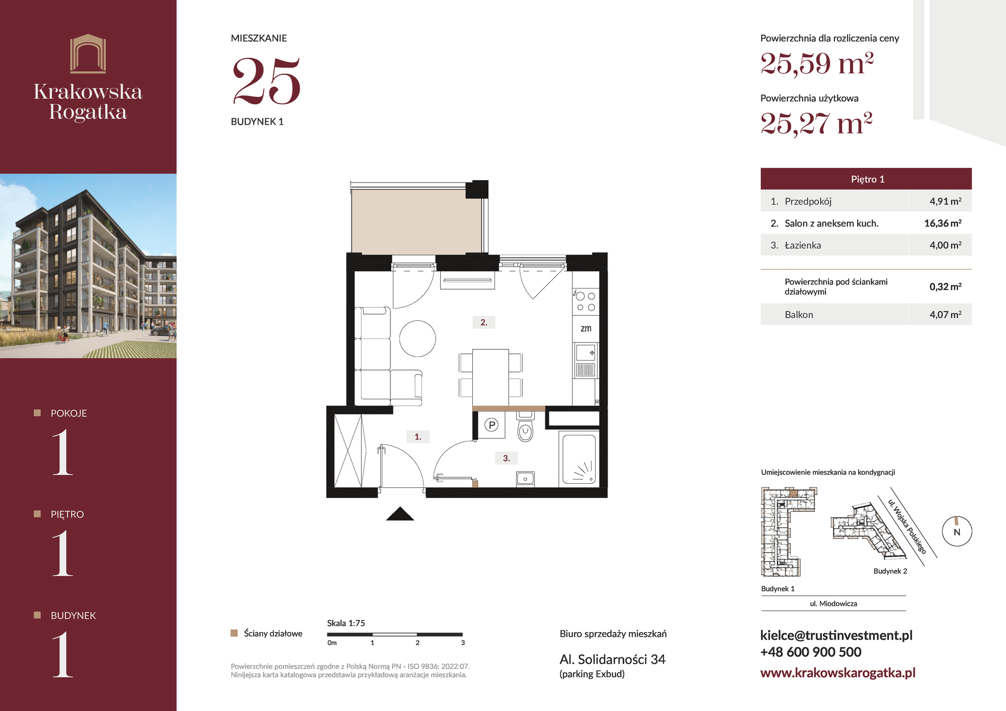 Mieszkanie 25,59 m², piętro 1, oferta nr Budynek 1 Mieszkanie 25, Krakowska Rogatka, Kielce, Centrum, ul. Miodowicza 1-idx