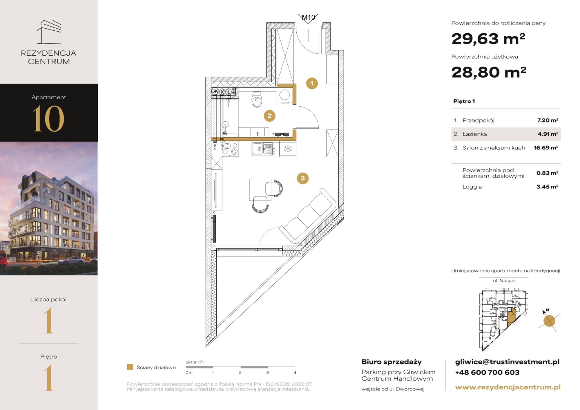 Mieszkanie 29,63 m², piętro 1, oferta nr M10, Rezydencja Centrum, Gliwice, Śródmieście, ul. Nasyp 2C-idx