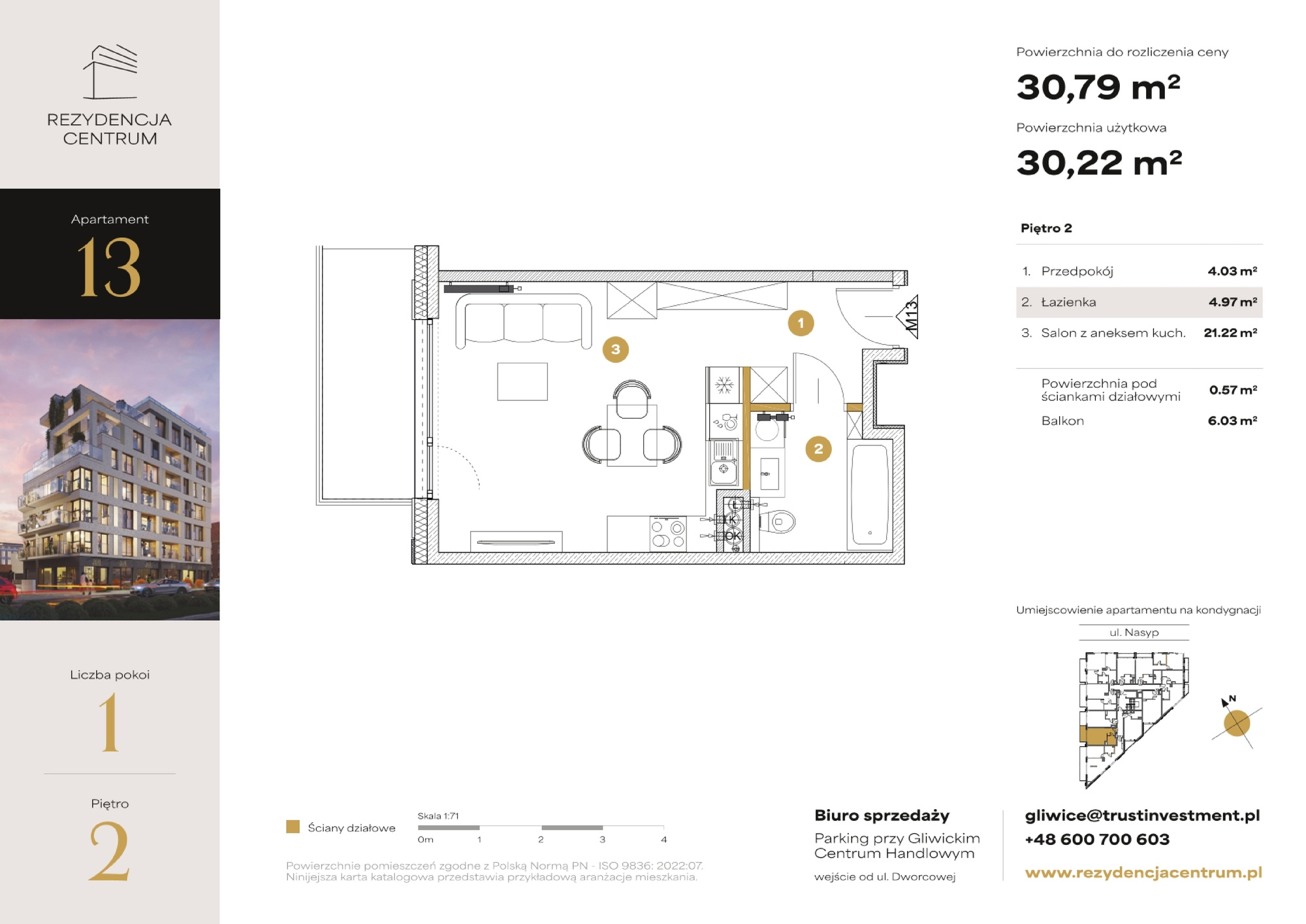 Mieszkanie 30,79 m², piętro 2, oferta nr M13, Rezydencja Centrum, Gliwice, Śródmieście, ul. Nasyp 2C-idx