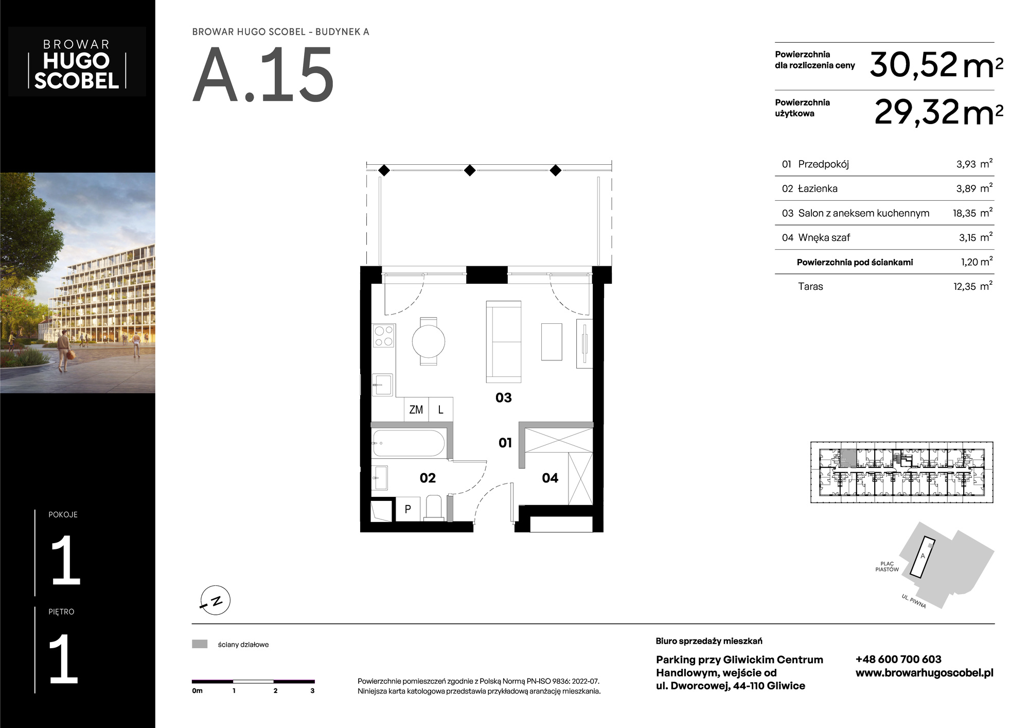 Apartament 30,52 m², piętro 1, oferta nr A.15, Browar Hugo Scobel, Gliwice, Śródmieście, ul. Piwna-idx