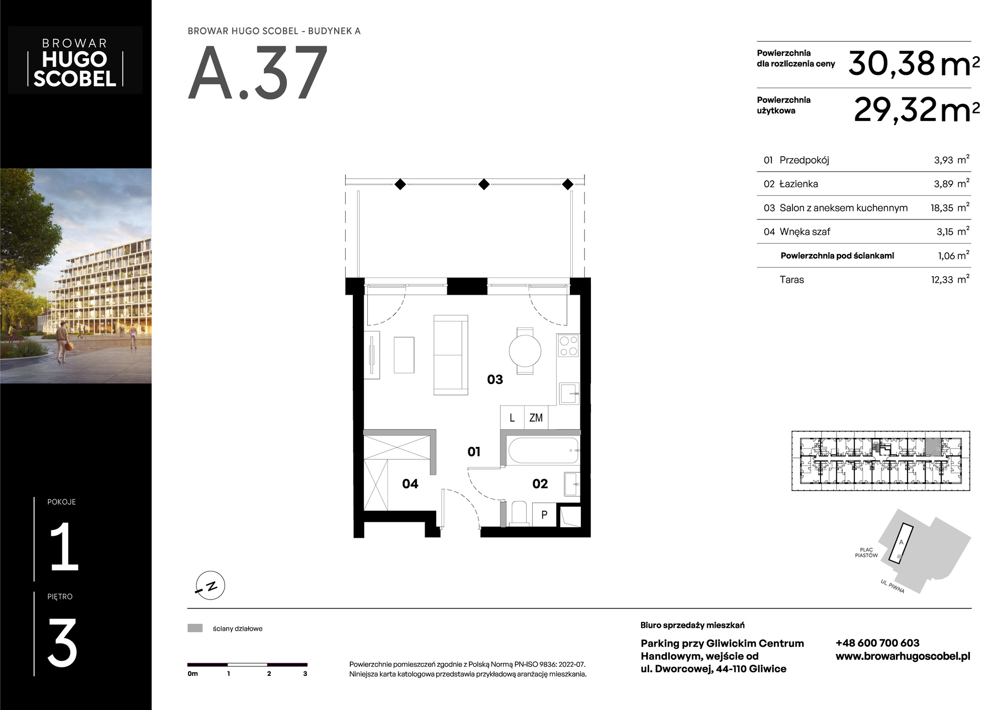 Apartament 30,38 m², piętro 3, oferta nr A.37, Browar Hugo Scobel, Gliwice, Śródmieście, ul. Piwna-idx