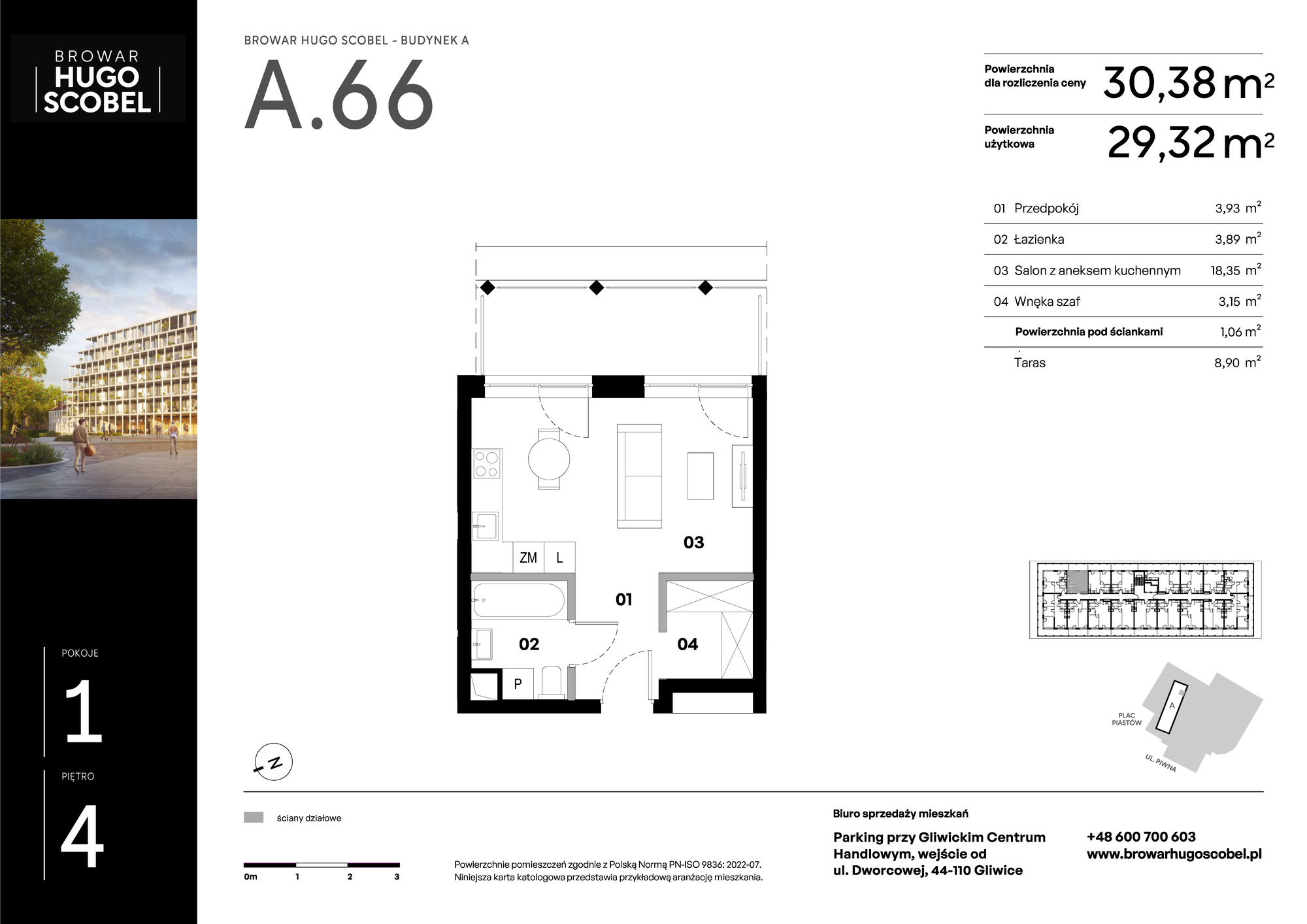 Apartament 30,38 m², piętro 4, oferta nr A.66, Browar Hugo Scobel, Gliwice, Śródmieście, ul. Piwna-idx