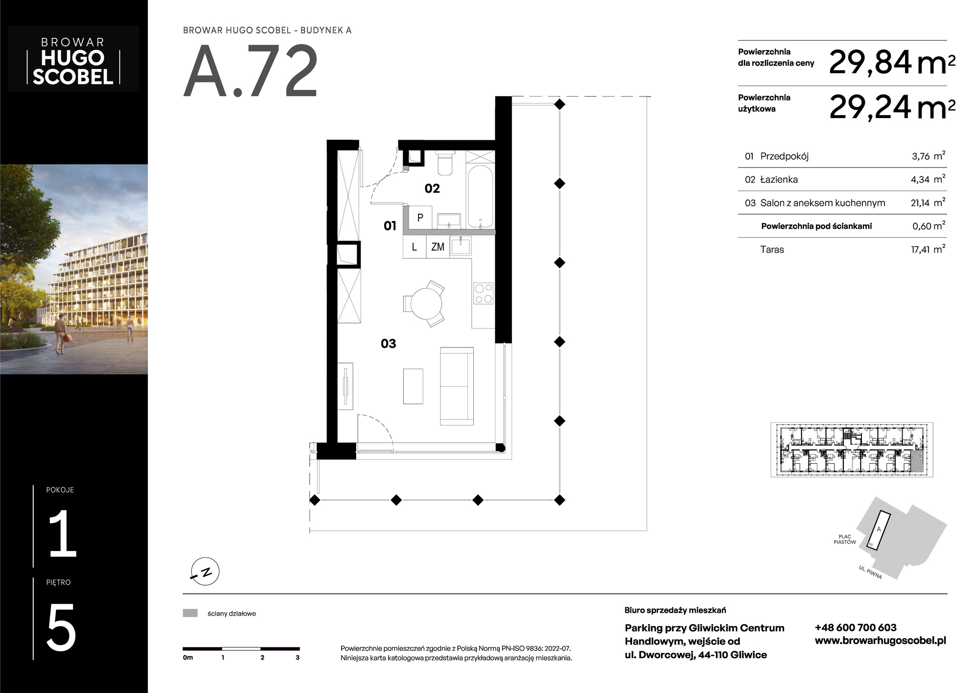 Mieszkanie 29,84 m², piętro 5, oferta nr A.72, Browar Hugo Scobel, Gliwice, Śródmieście, ul. Piwna-idx