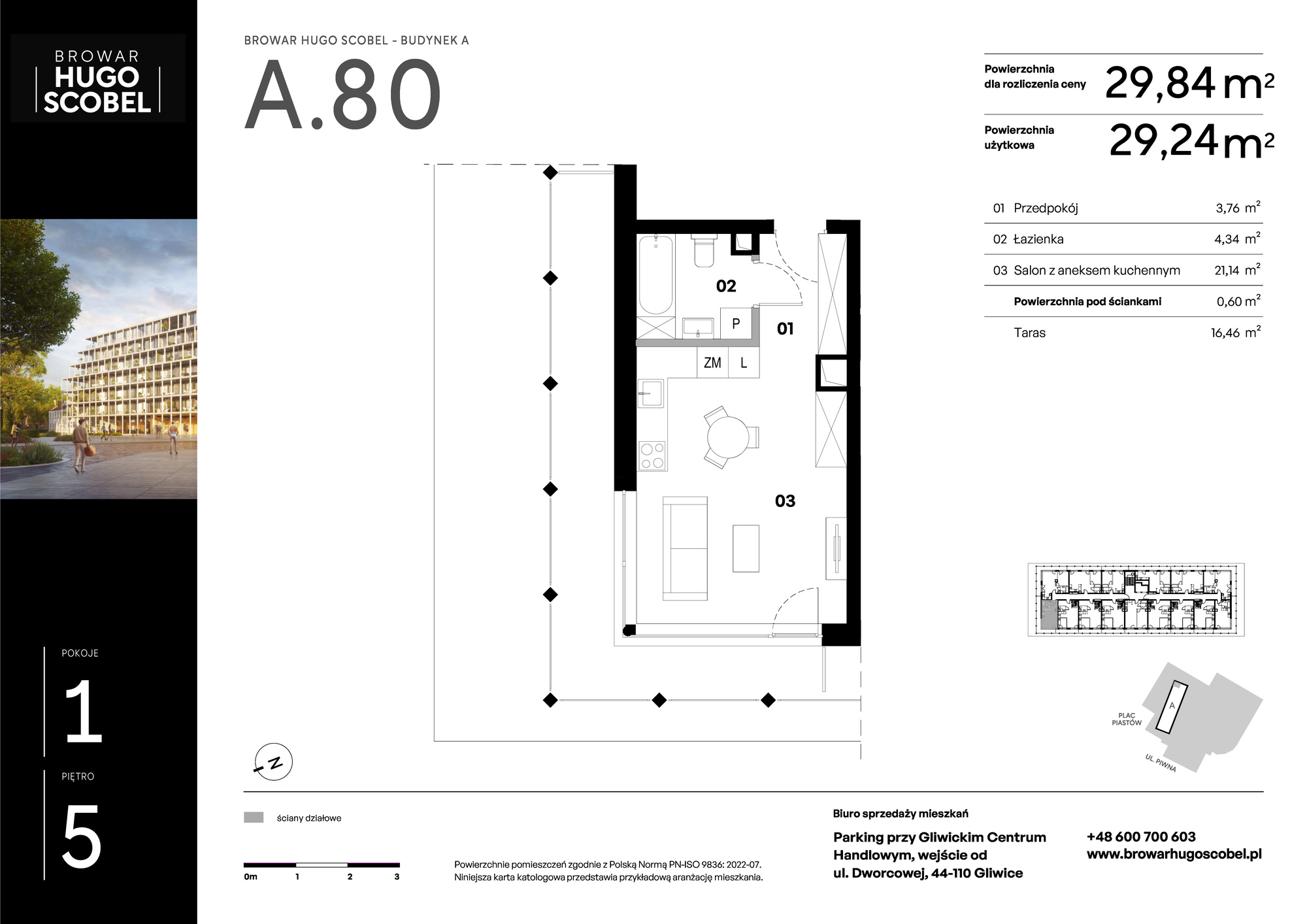 Mieszkanie 29,84 m², piętro 5, oferta nr A.80, Browar Hugo Scobel, Gliwice, Śródmieście, ul. Piwna-idx