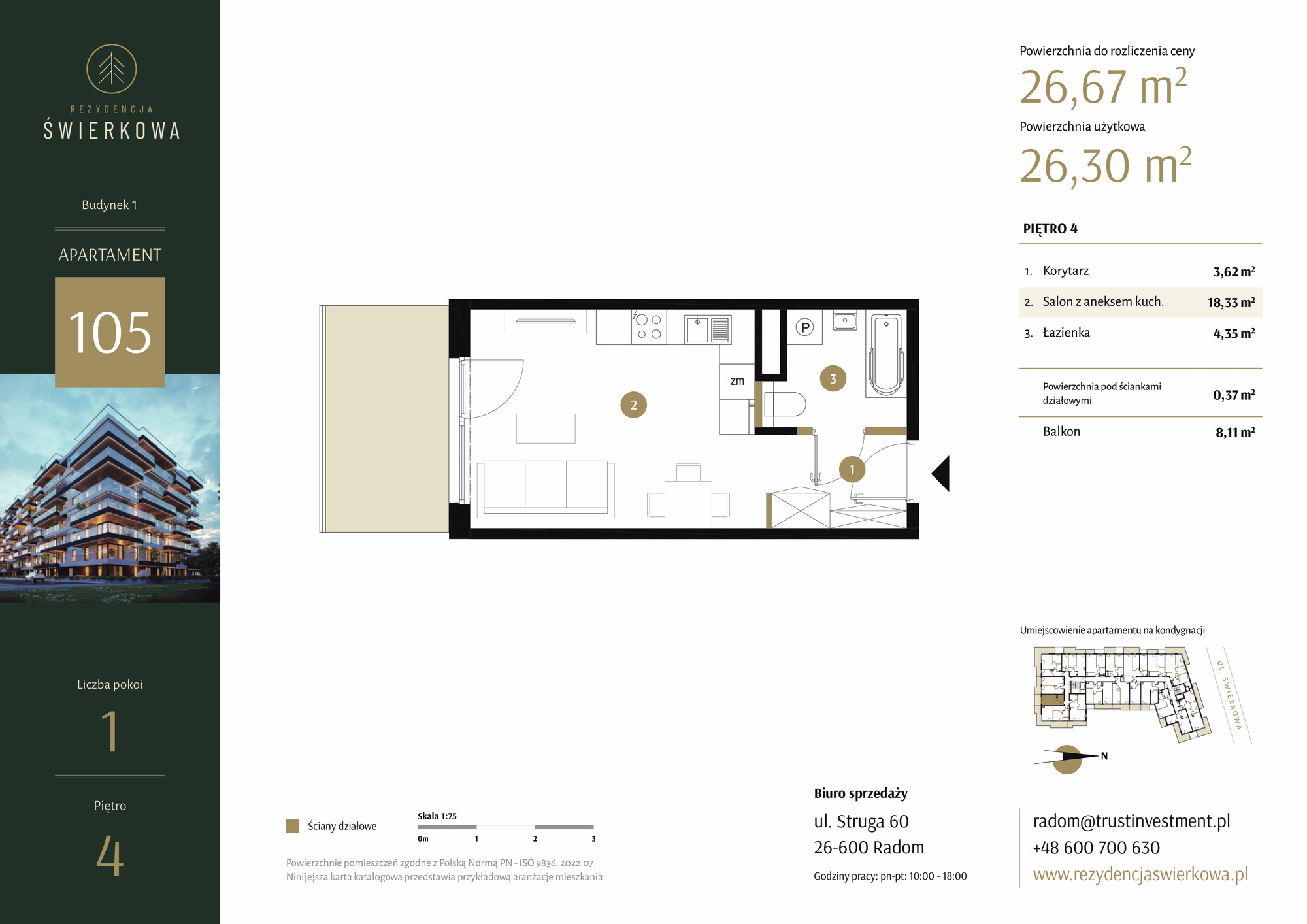 Mieszkanie 26,67 m², piętro 4, oferta nr 105, Rezydencja Świerkowa, Radom, Idalin, ul. Świerkowa 47-idx