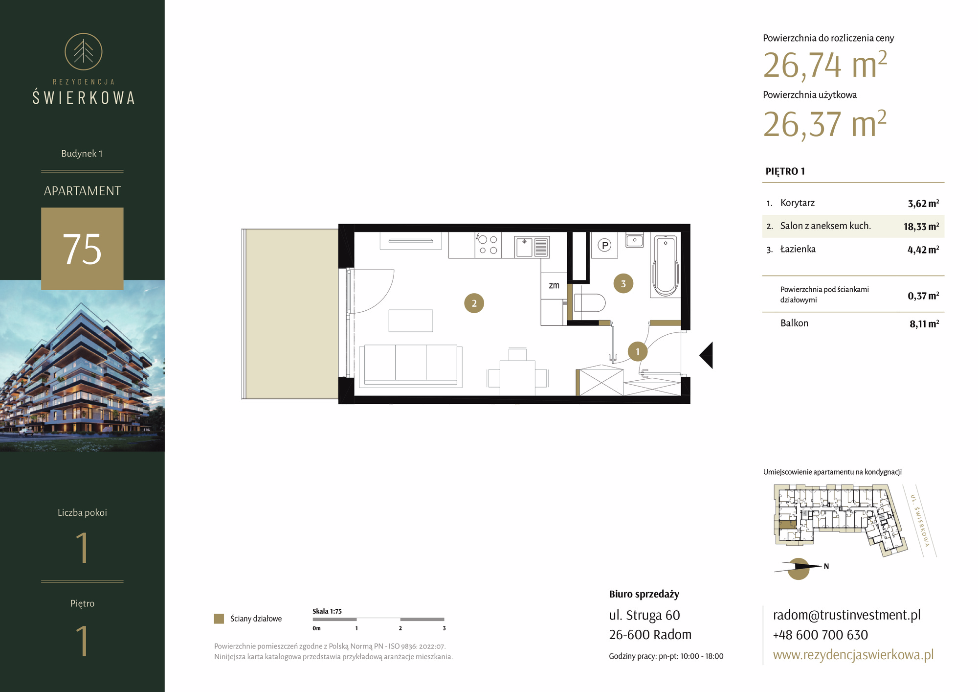 Mieszkanie 26,74 m², piętro 1, oferta nr 75, Rezydencja Świerkowa, Radom, Idalin, ul. Świerkowa 47-idx