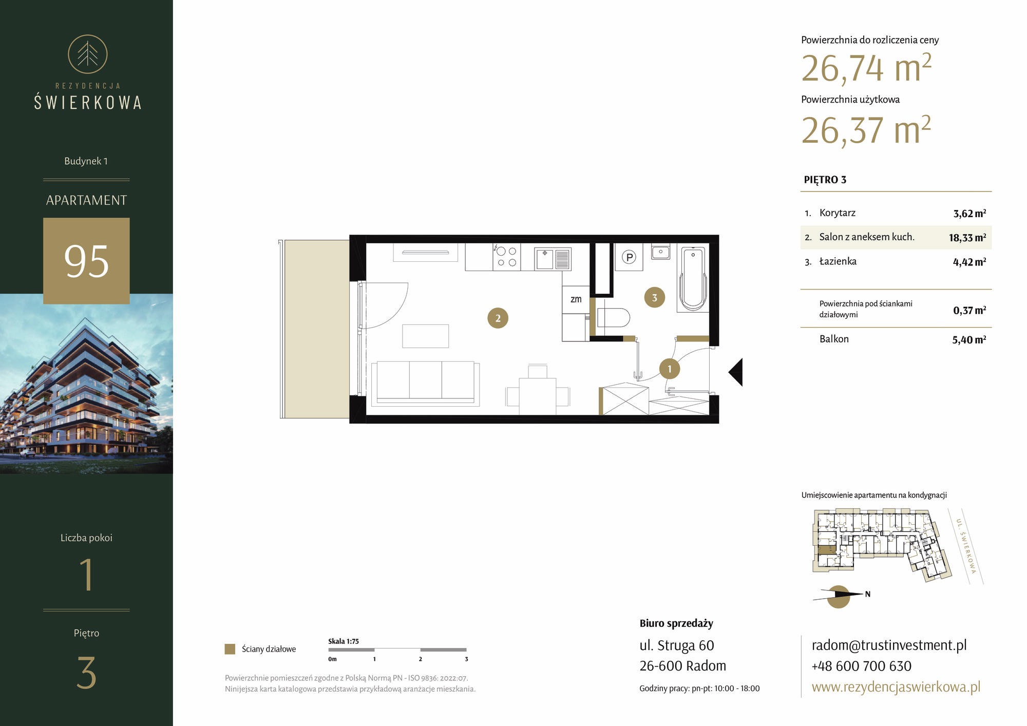 Mieszkanie 26,74 m², piętro 3, oferta nr 95, Rezydencja Świerkowa, Radom, Idalin, ul. Świerkowa 47-idx