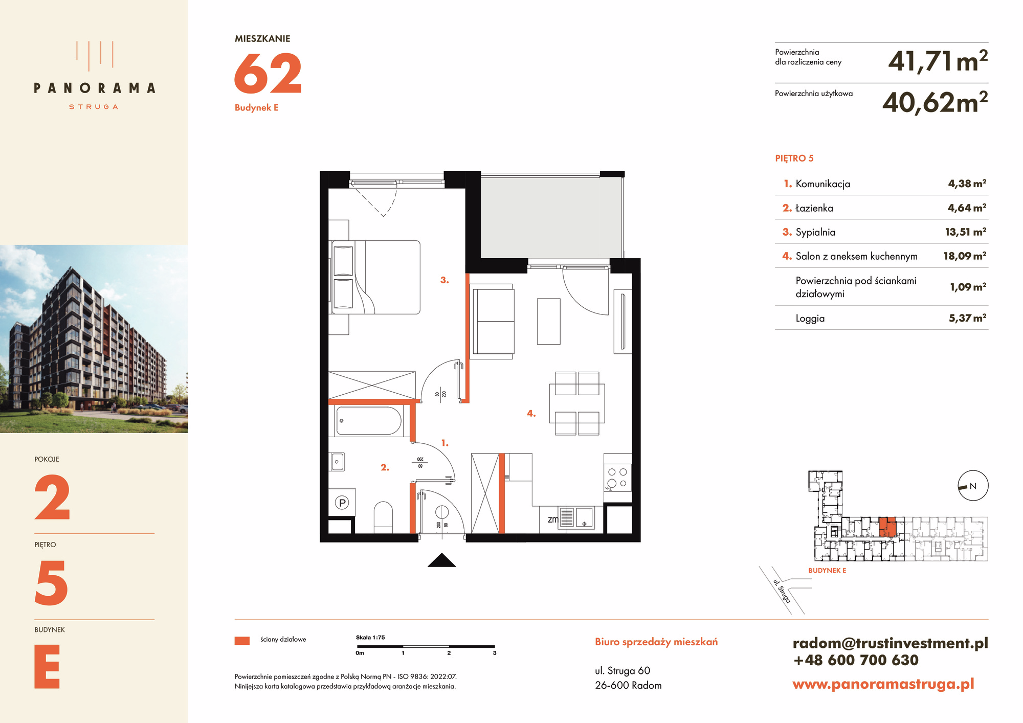 Mieszkanie 41,71 m², piętro 5, oferta nr E62, Panorama Struga, Radom, Śródmieście, ul. Andrzeja Struga 60-idx