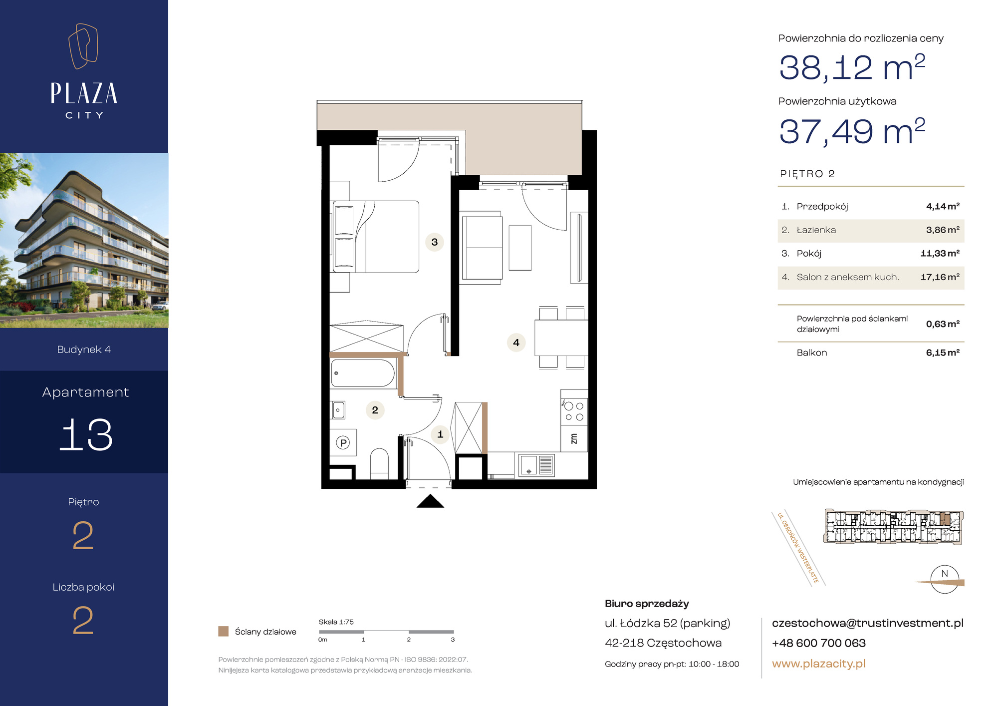 Mieszkanie 38,12 m², piętro 2, oferta nr B4M13, Plaza City, Częstochowa, Częstochówka-Parkitka, ul. Łódzka-idx