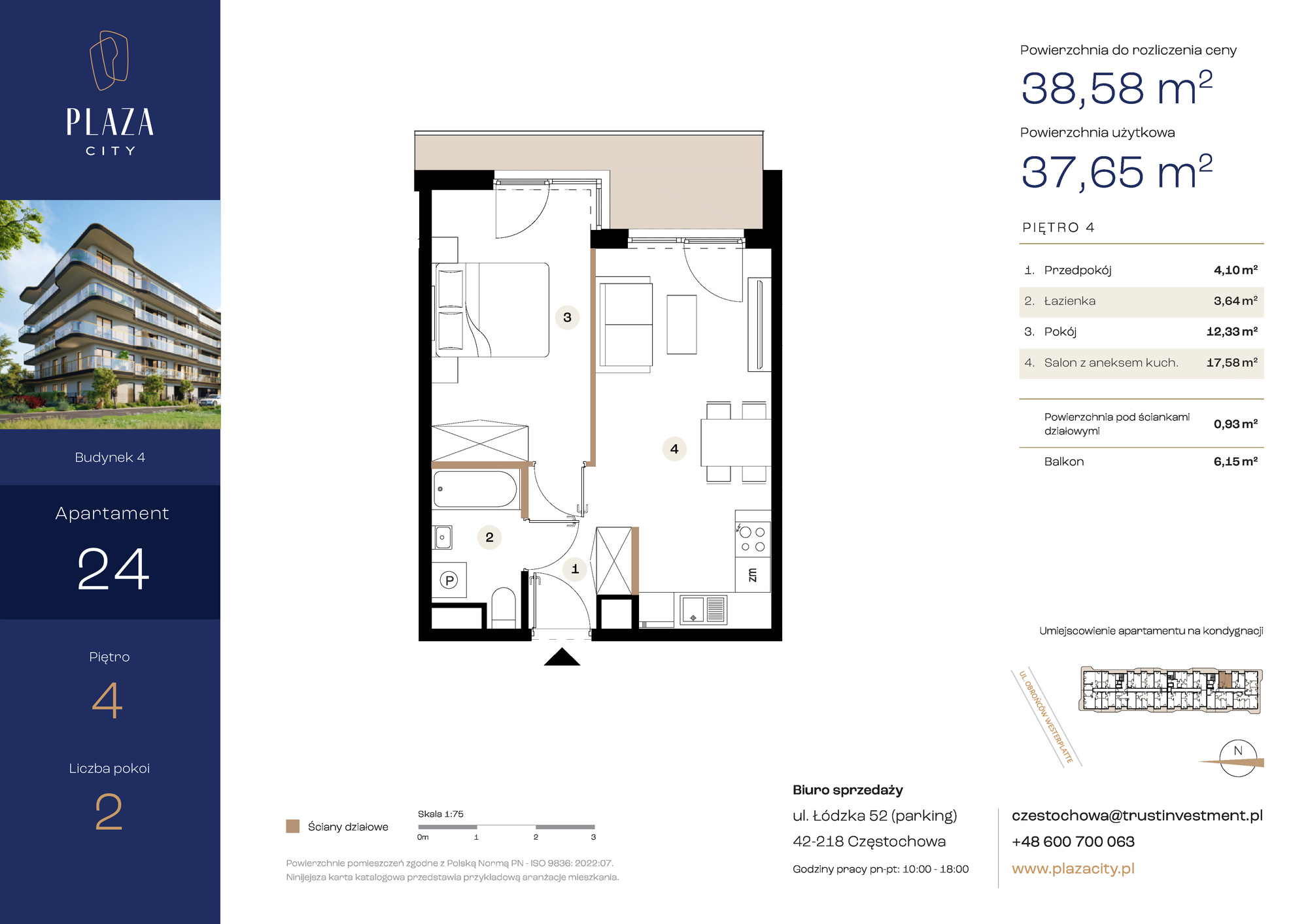 Mieszkanie 38,58 m², piętro 4, oferta nr B4M24, Plaza City, Częstochowa, Częstochówka-Parkitka, ul. Łódzka-idx