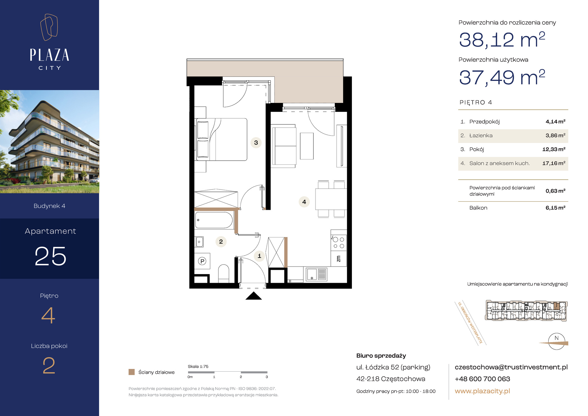 Mieszkanie 38,12 m², piętro 4, oferta nr B4M25, Plaza City, Częstochowa, Częstochówka-Parkitka, ul. Łódzka-idx