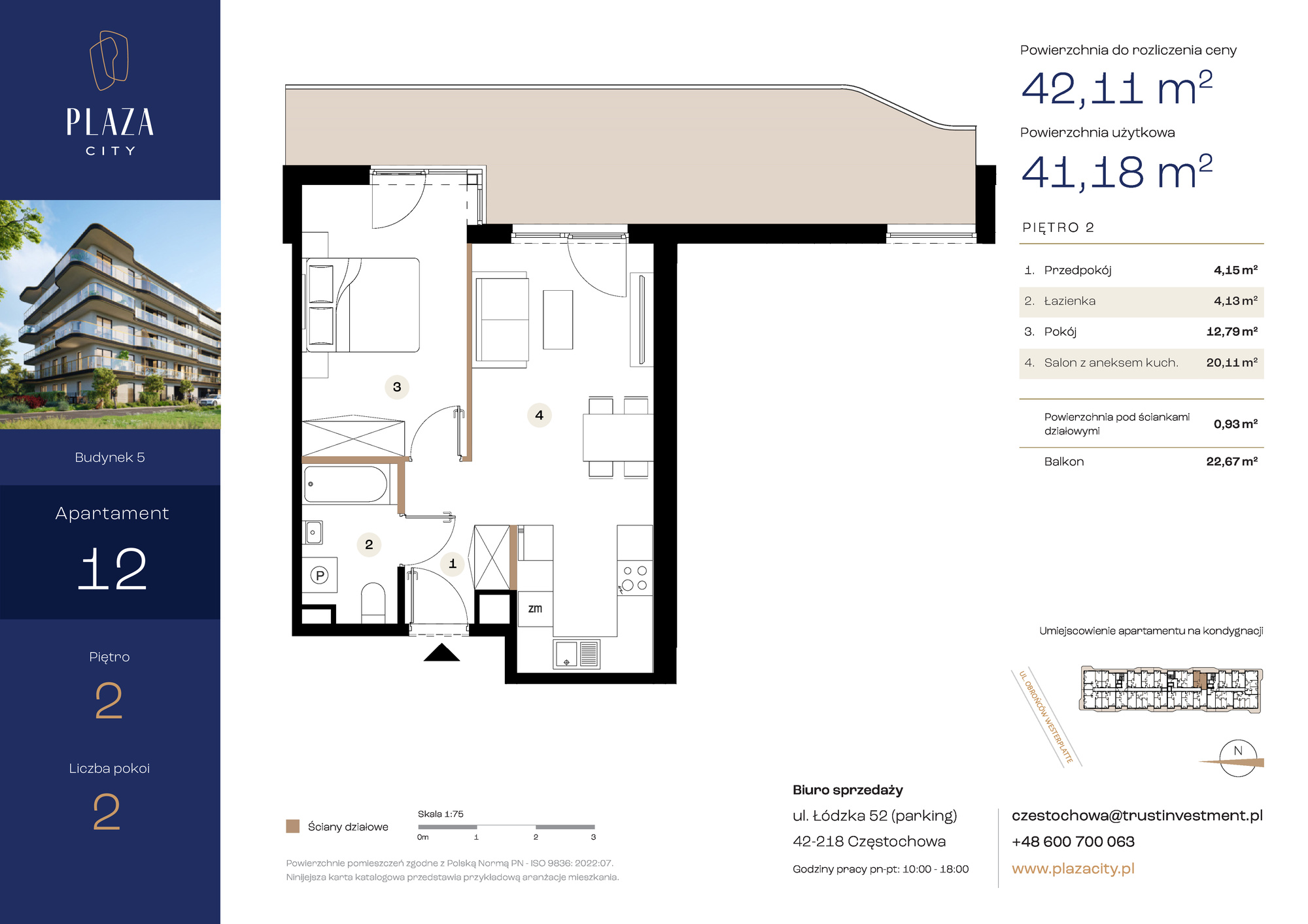 Mieszkanie 42,11 m², piętro 2, oferta nr B5M12, Plaza City, Częstochowa, Częstochówka-Parkitka, ul. Łódzka-idx