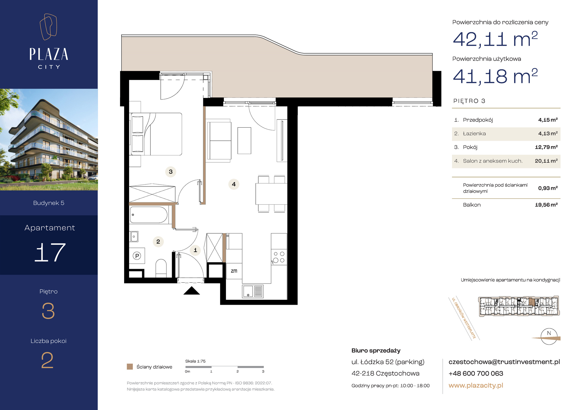 Mieszkanie 42,11 m², piętro 3, oferta nr B5M17, Plaza City, Częstochowa, Częstochówka-Parkitka, ul. Łódzka-idx