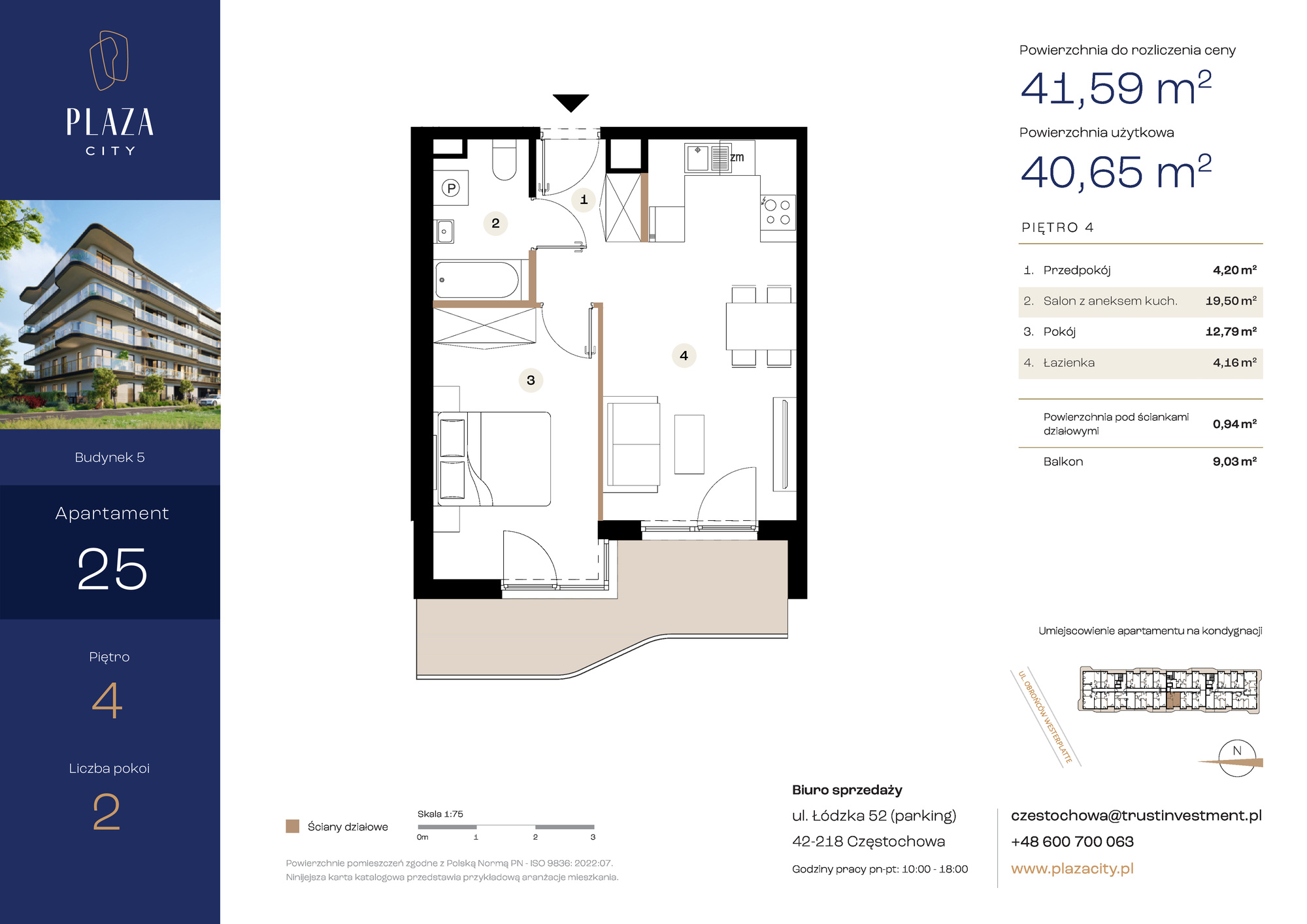 Mieszkanie 41,59 m², piętro 4, oferta nr B5M25, Plaza City, Częstochowa, Częstochówka-Parkitka, ul. Łódzka-idx