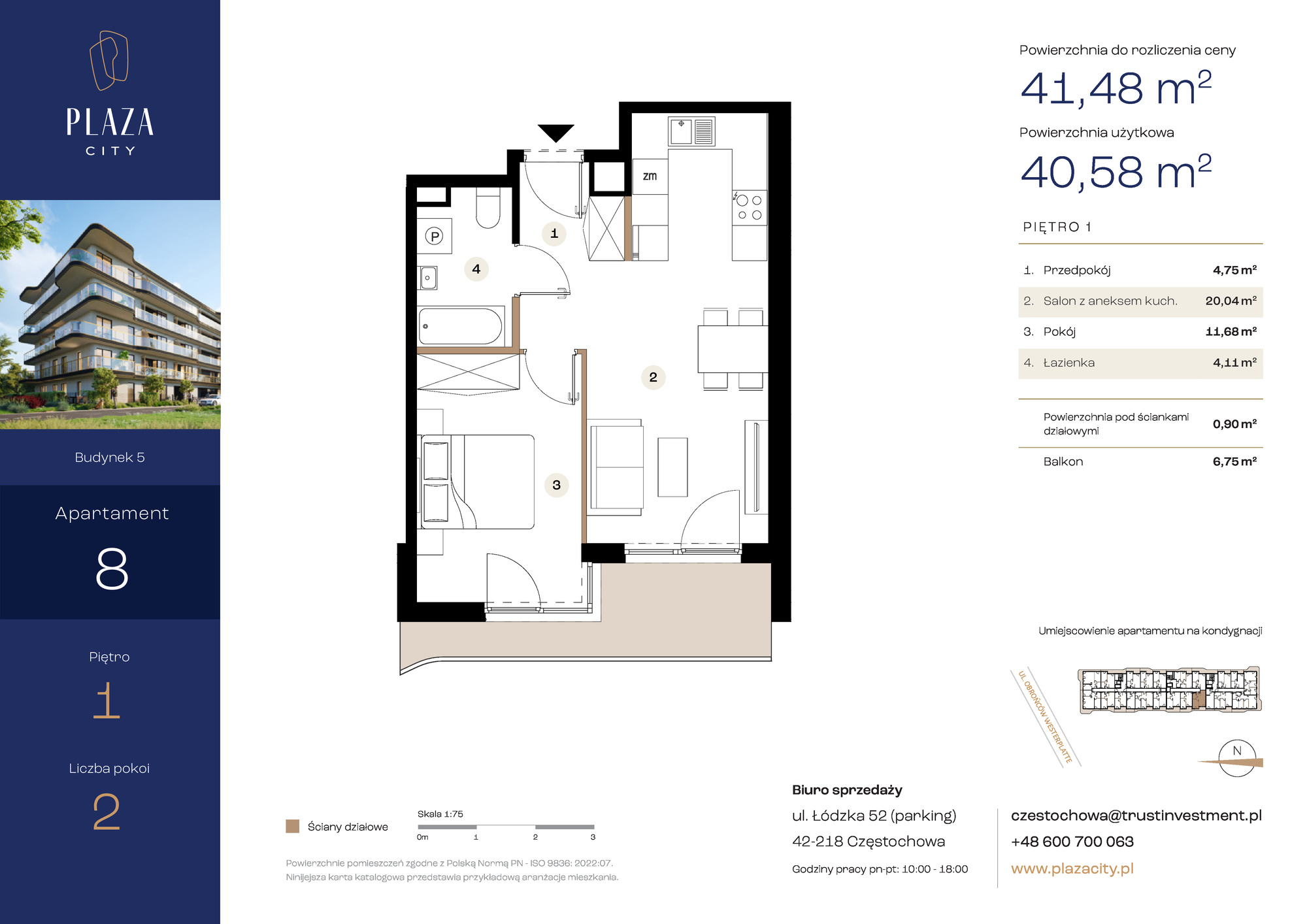 Mieszkanie 41,48 m², piętro 1, oferta nr B5M8, Plaza City, Częstochowa, Częstochówka-Parkitka, ul. Łódzka-idx