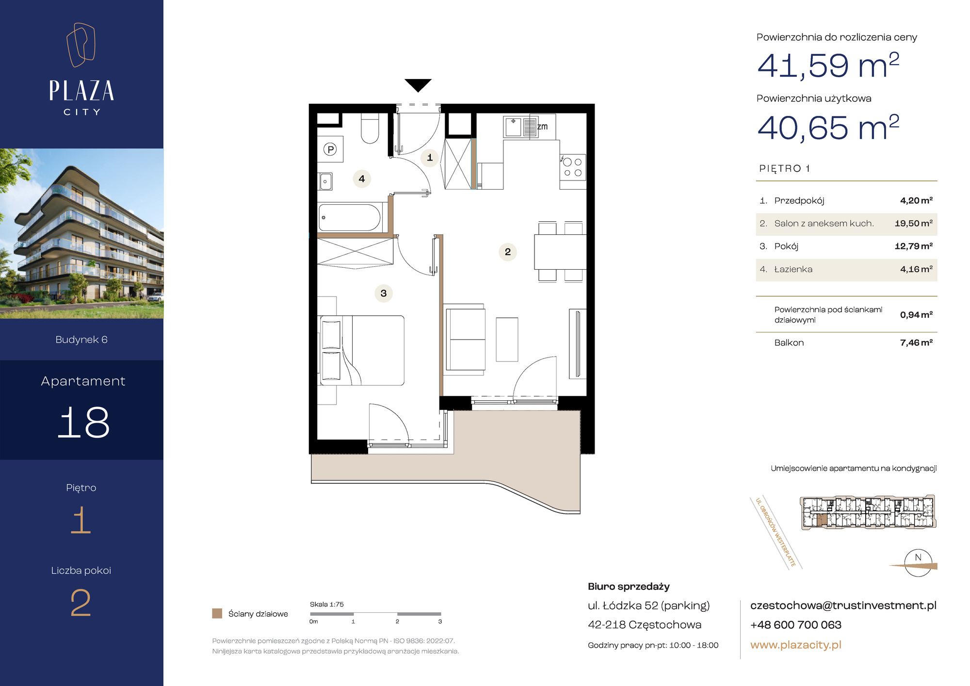 Mieszkanie 41,59 m², piętro 1, oferta nr B6M18, Plaza City, Częstochowa, Częstochówka-Parkitka, ul. Łódzka-idx