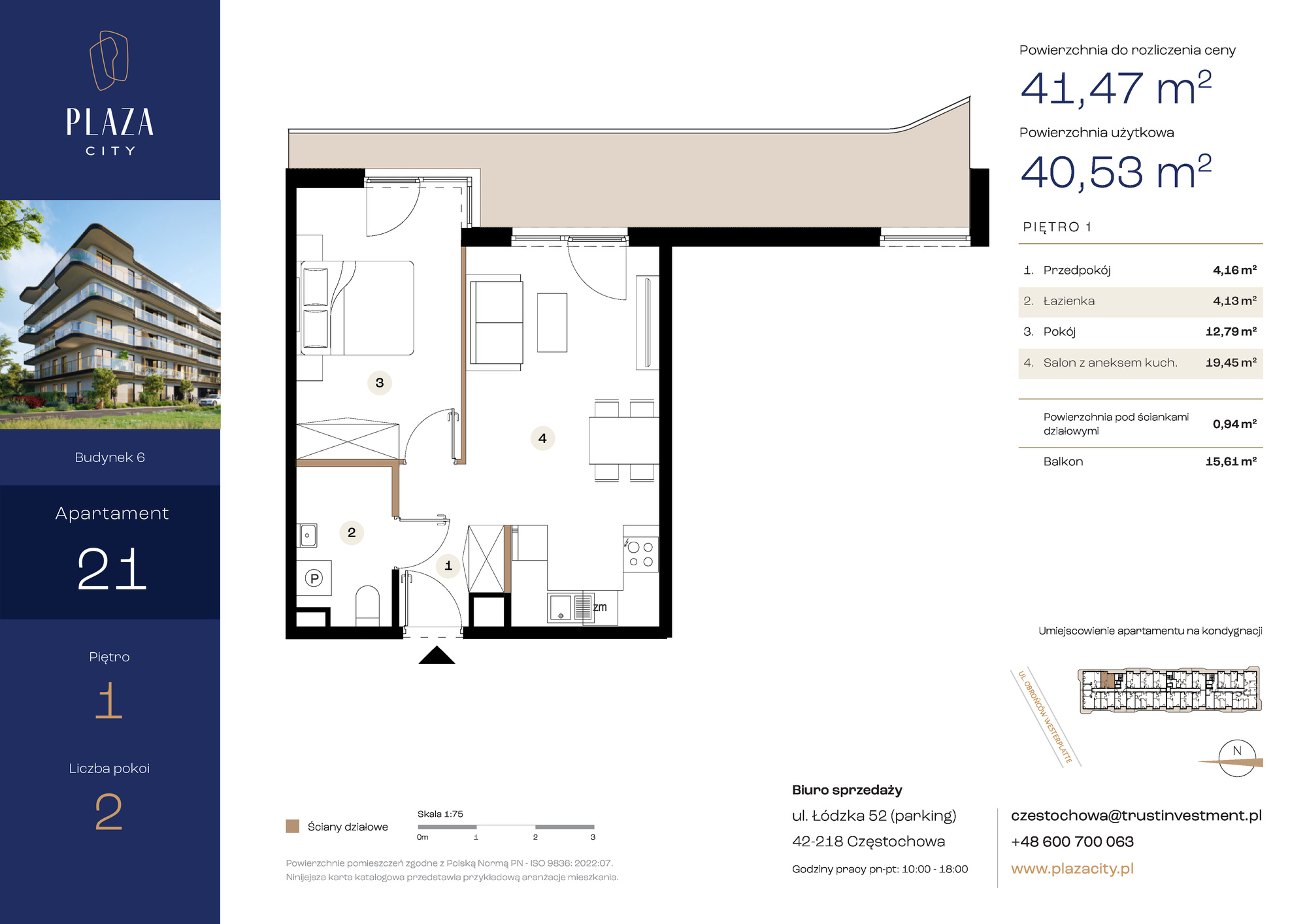 Mieszkanie 41,47 m², piętro 1, oferta nr B6M21, Plaza City, Częstochowa, Częstochówka-Parkitka, ul. Łódzka-idx