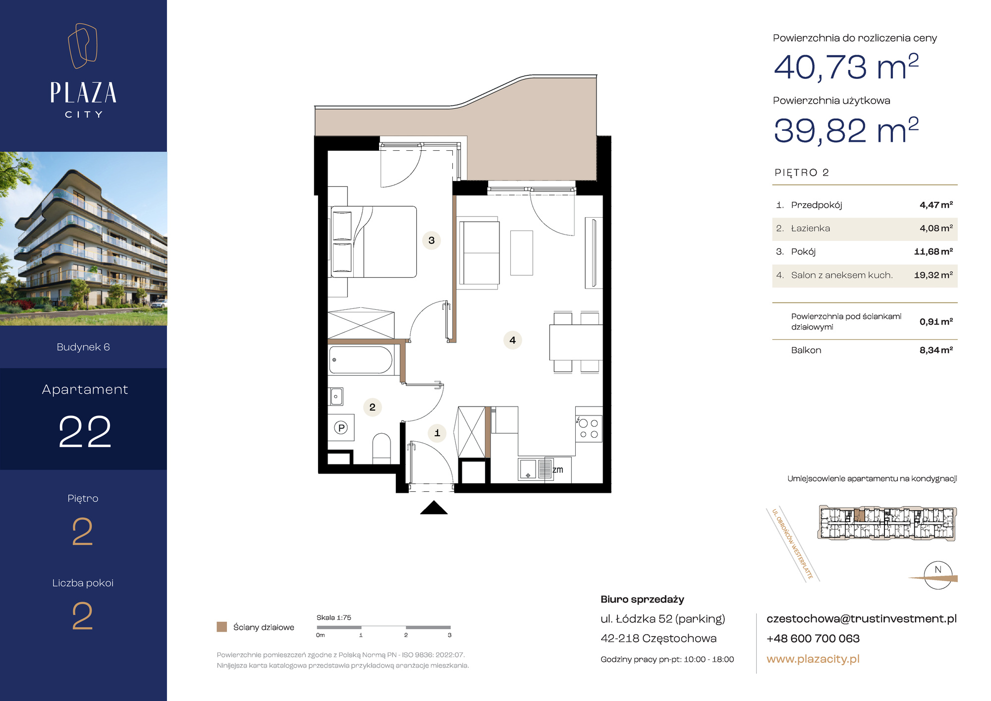 Mieszkanie 40,73 m², piętro 2, oferta nr B6M22, Plaza City, Częstochowa, Częstochówka-Parkitka, ul. Łódzka-idx