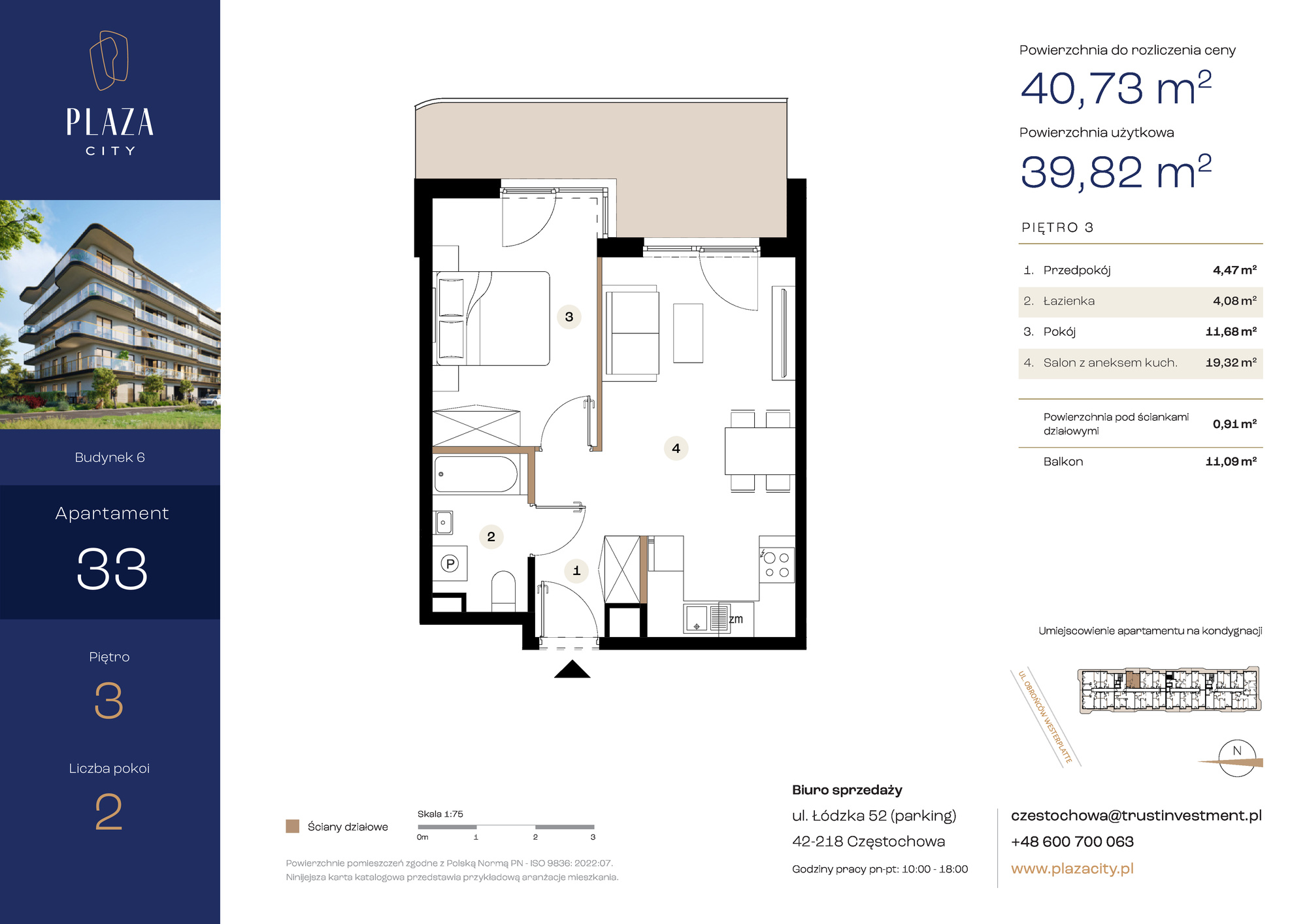 Mieszkanie 40,73 m², piętro 3, oferta nr B6M33, Plaza City, Częstochowa, Częstochówka-Parkitka, ul. Łódzka-idx