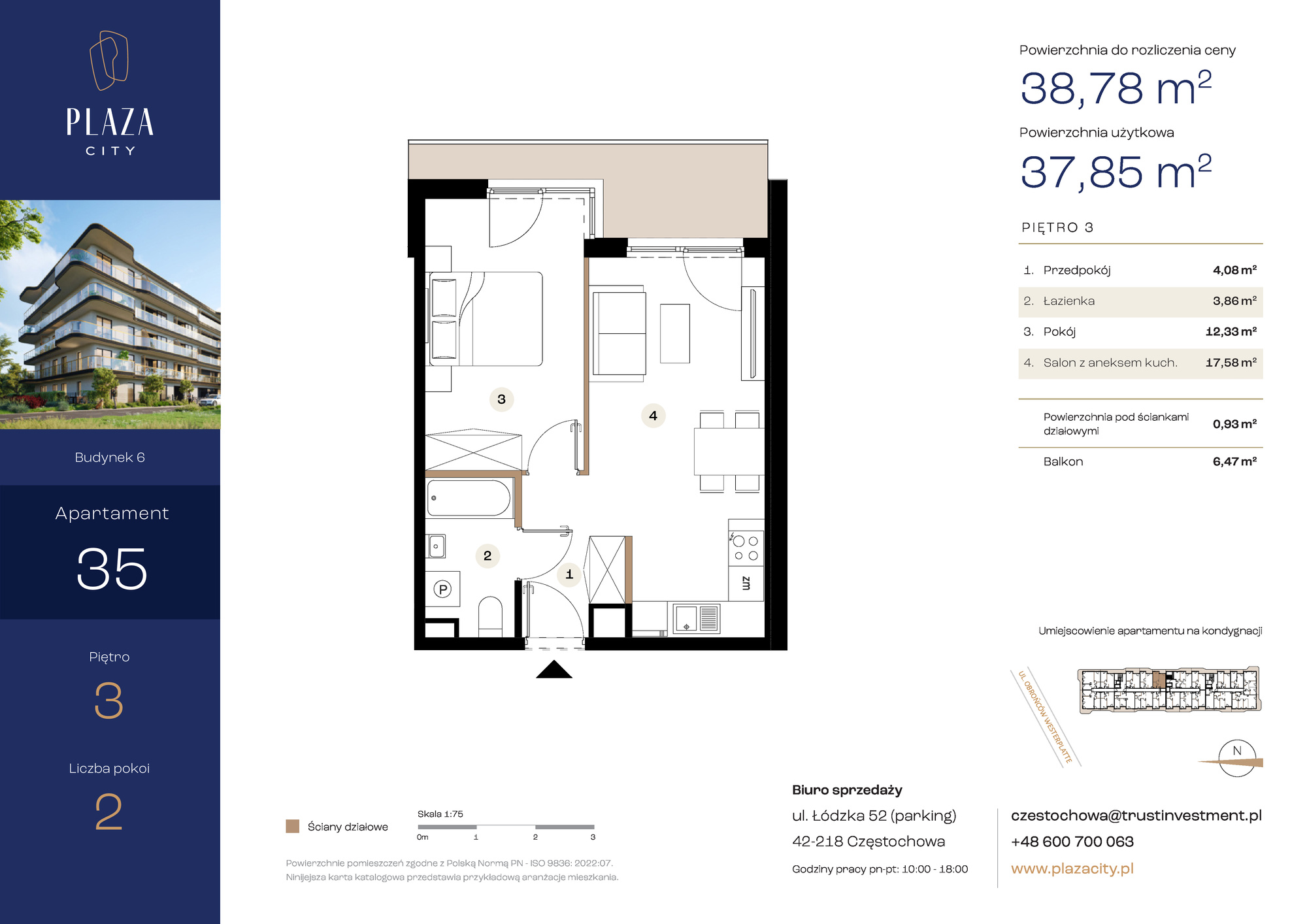 Mieszkanie 38,78 m², piętro 3, oferta nr B6M35, Plaza City, Częstochowa, Częstochówka-Parkitka, ul. Łódzka-idx