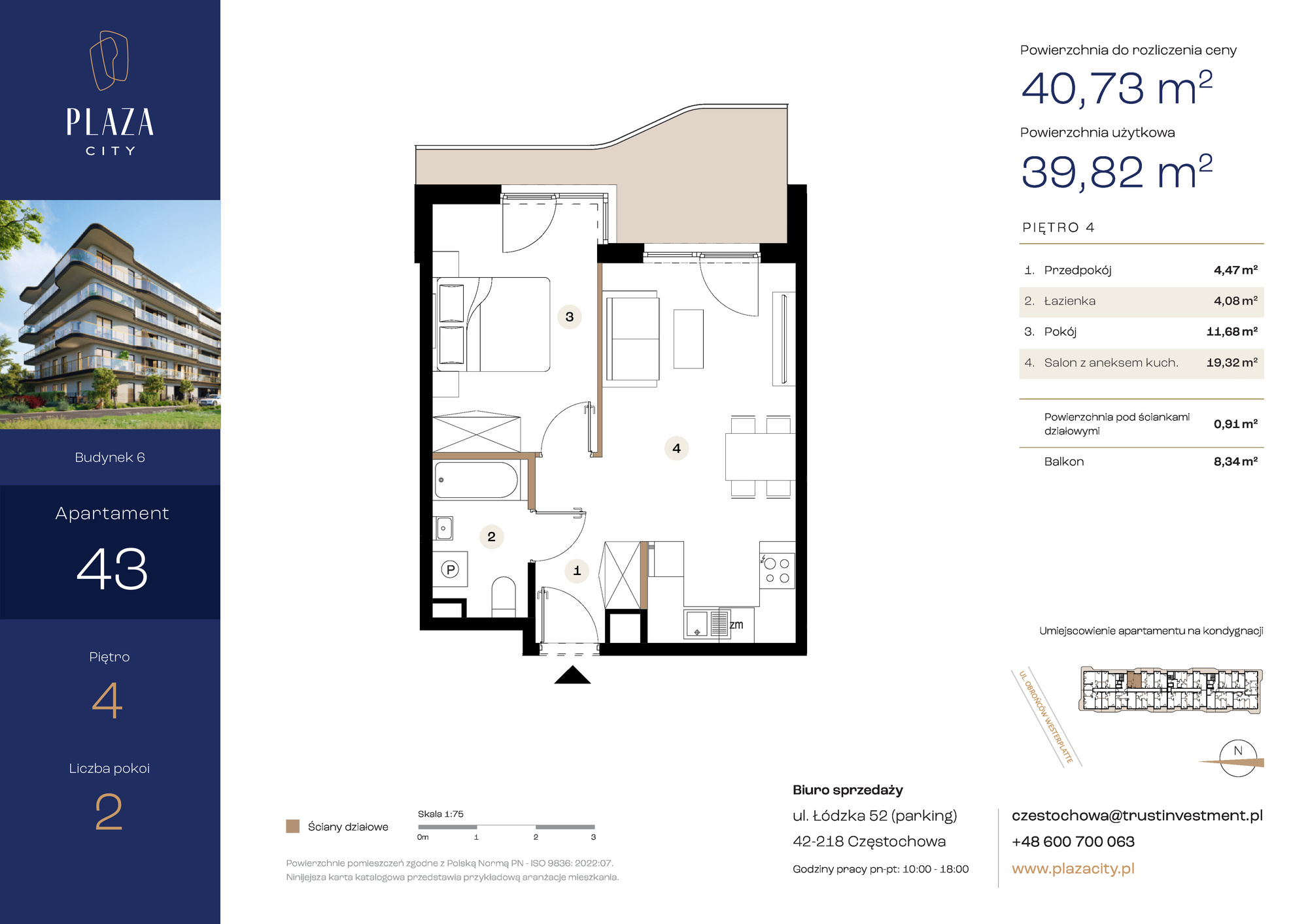 Mieszkanie 40,73 m², piętro 4, oferta nr B6M43, Plaza City, Częstochowa, Częstochówka-Parkitka, ul. Łódzka-idx