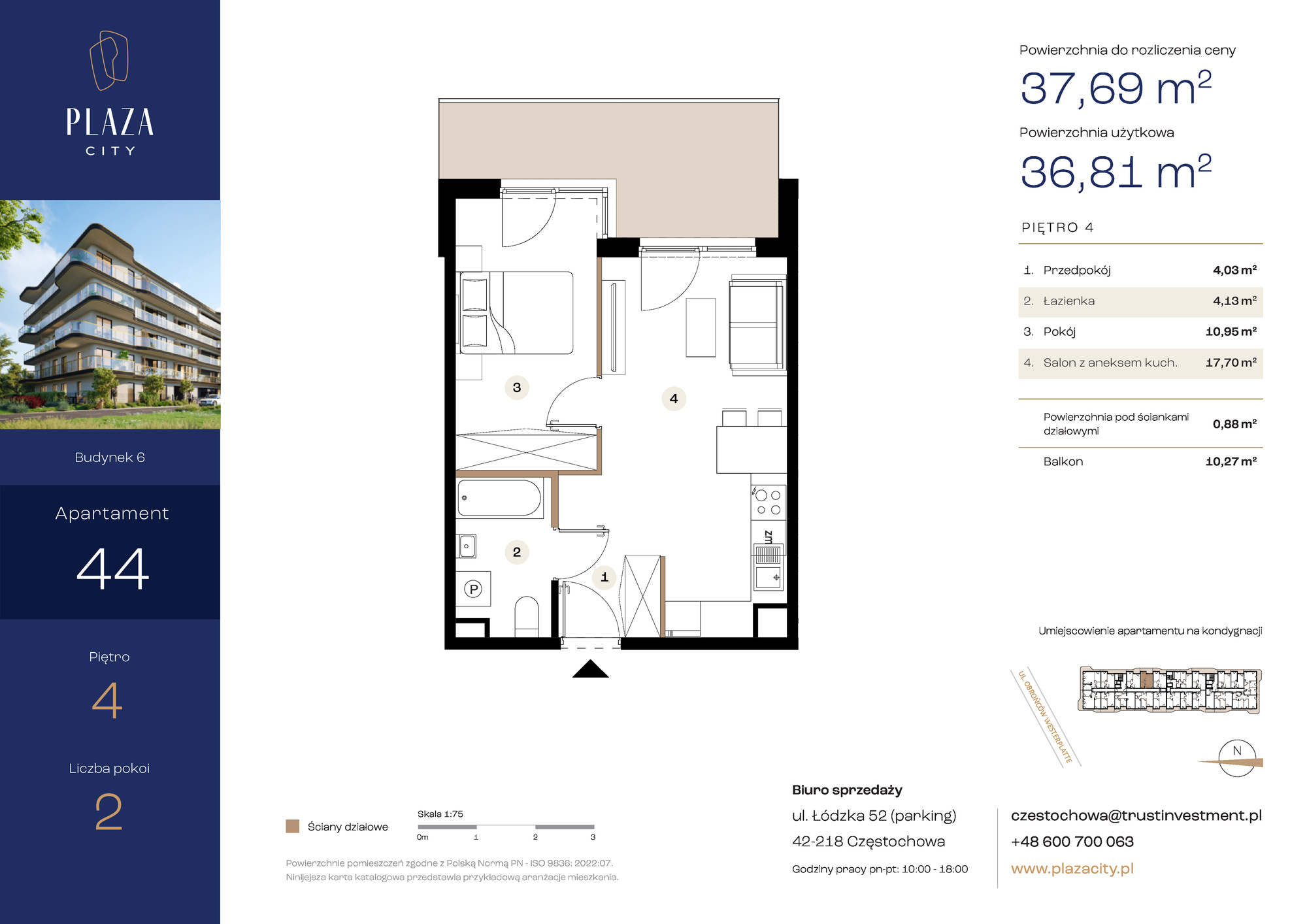 Mieszkanie 37,69 m², piętro 4, oferta nr B6M44, Plaza City, Częstochowa, Częstochówka-Parkitka, ul. Łódzka-idx